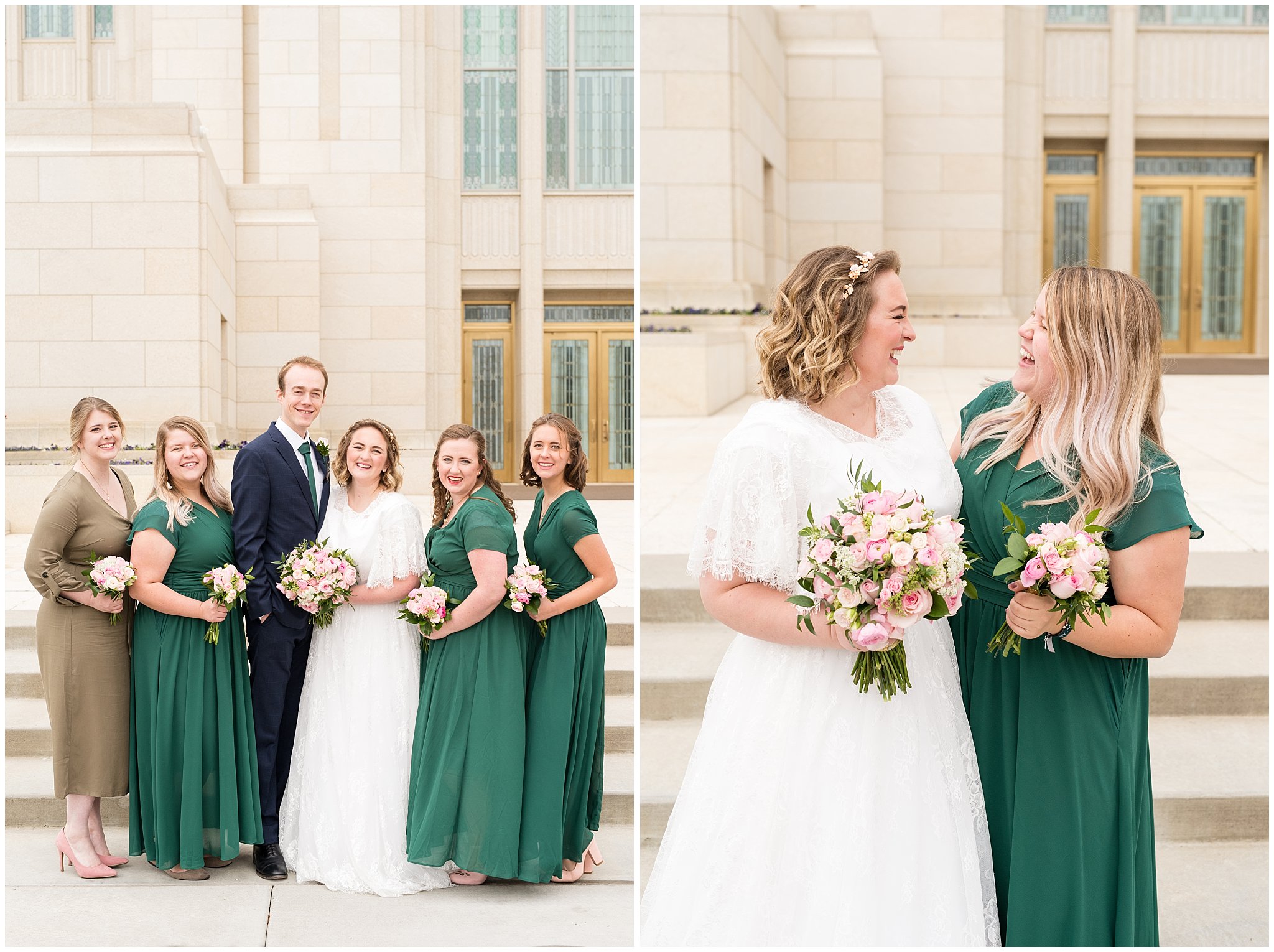Bride and groom with bridesmaids | Ogden Temple Winter Wedding | Emerald Green and Pink Wedding | Jessie and Dallin Photography