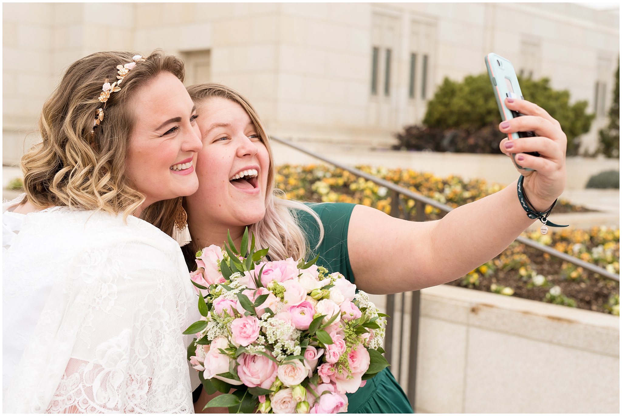 Bride and maid of honor selfie | Ogden Temple Winter Wedding | Emerald Green and Pink Wedding | Jessie and Dallin Photography