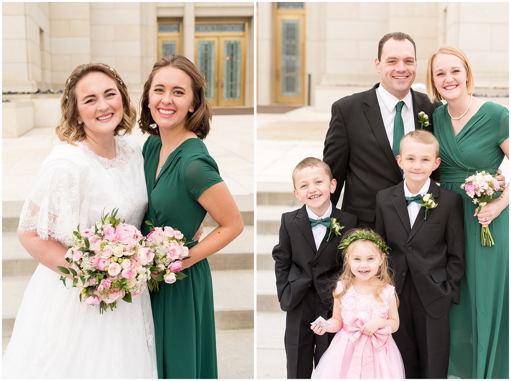 Bride and sister and family picture | Ogden Temple Winter Wedding | Emerald Green and Pink Wedding | Jessie and Dallin Photography