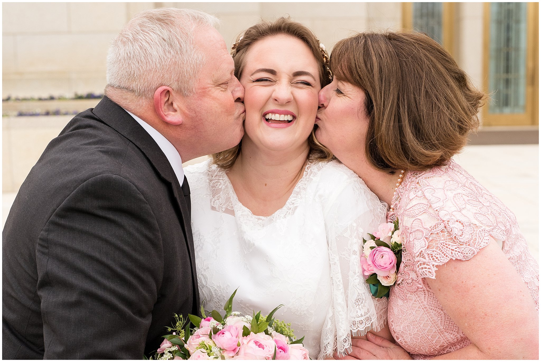 Parents kissing bride's cheeks at the temple | Ogden Temple Winter Wedding | Emerald Green and Pink Wedding | Jessie and Dallin Photography