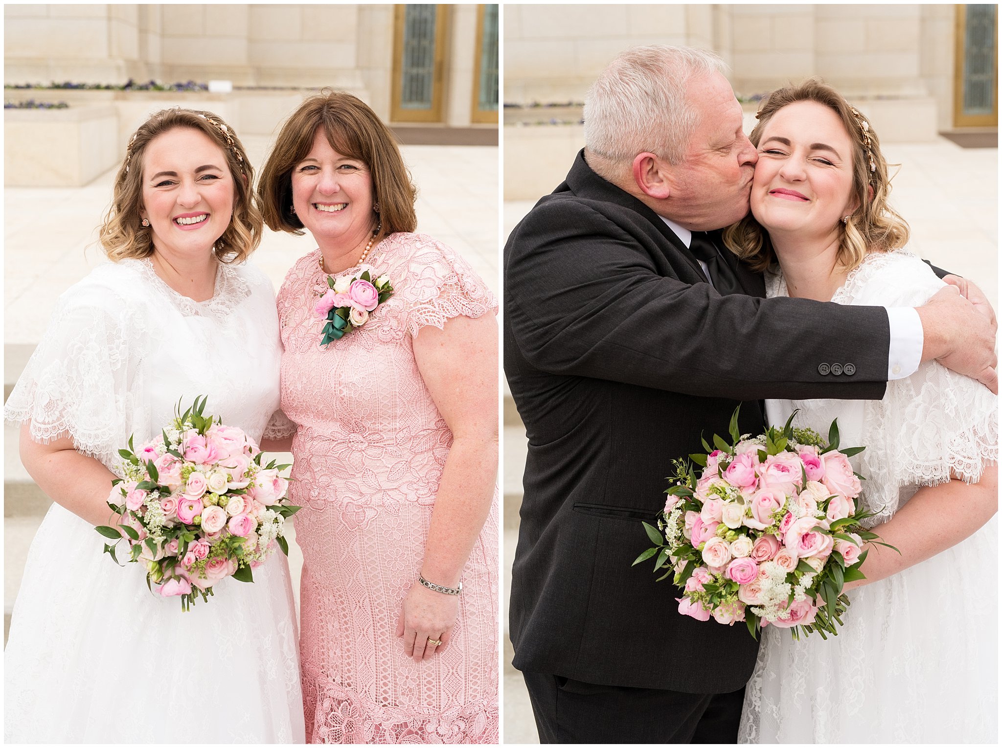 Bride and mom smiling, dad kissing bride's cheek | Ogden Temple Winter Wedding | Emerald Green and Pink Wedding | Jessie and Dallin Photography
