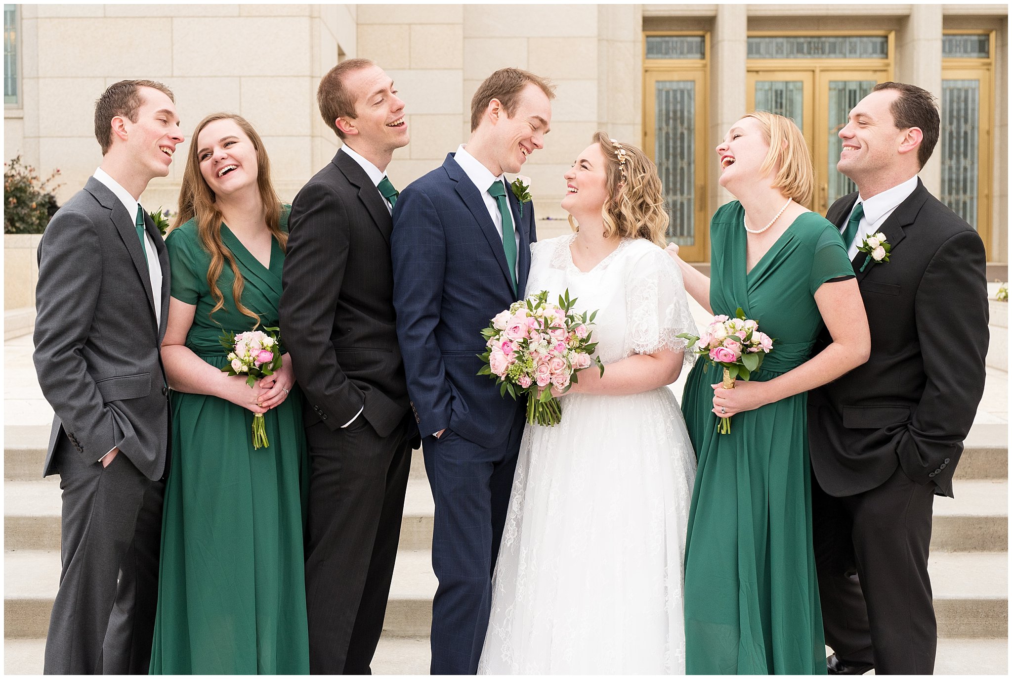 Bride and groom laughing with siblings | Ogden Temple Winter Wedding | Emerald Green and Pink Wedding | Jessie and Dallin Photography