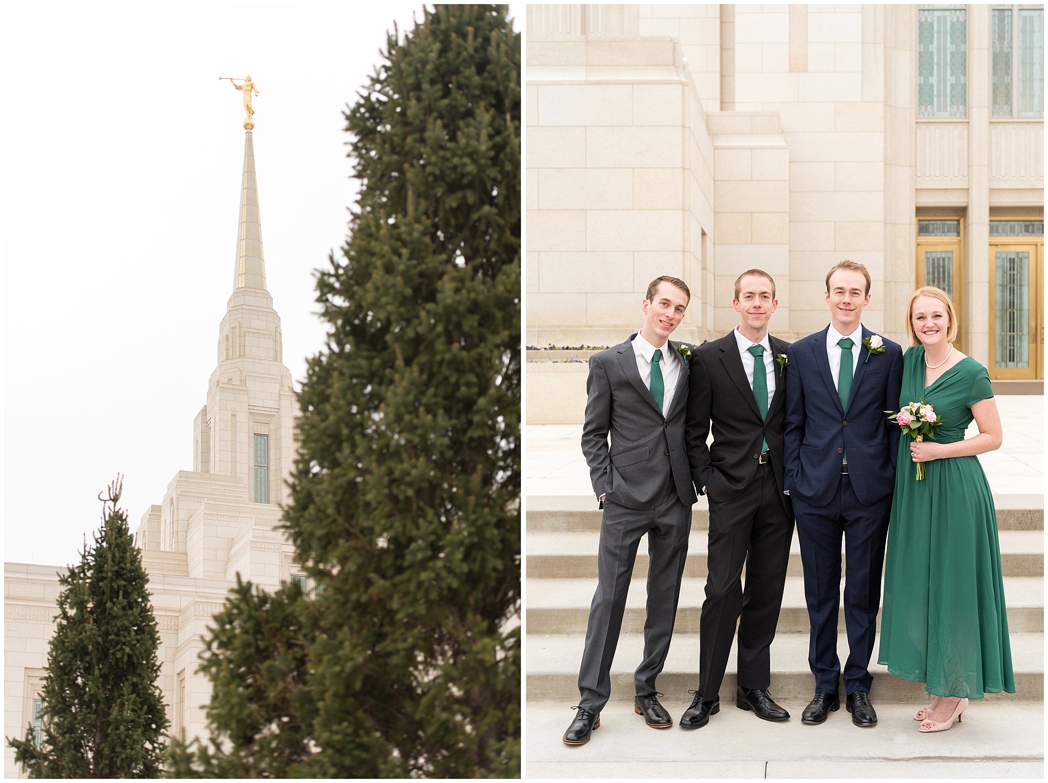 Pine trees and temple, groom laughing with siblings | Ogden Temple Winter Wedding | Emerald Green and Pink Wedding | Jessie and Dallin Photography