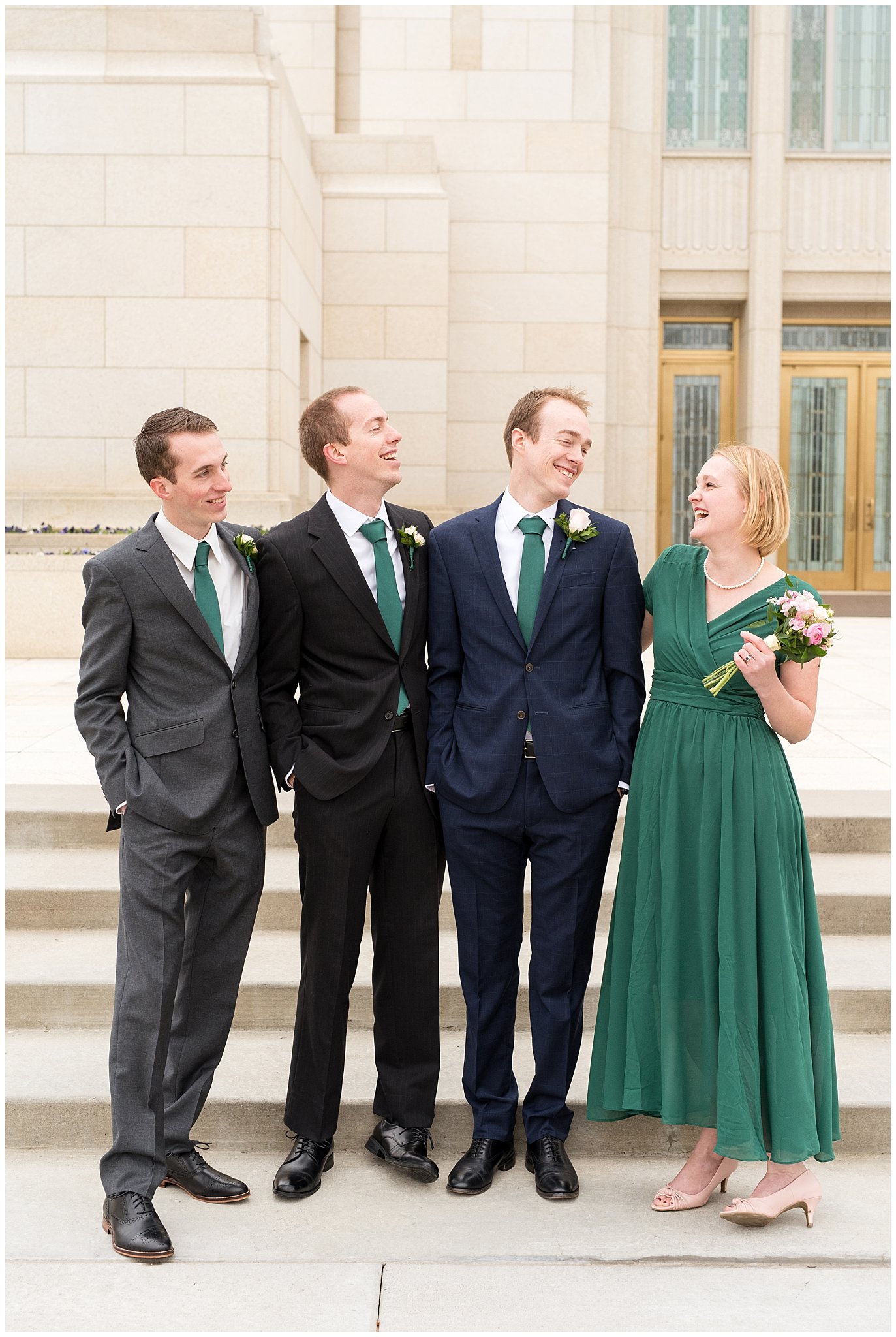 Groom laughing with siblings | Ogden Temple Winter Wedding | Emerald Green and Pink Wedding | Jessie and Dallin Photography