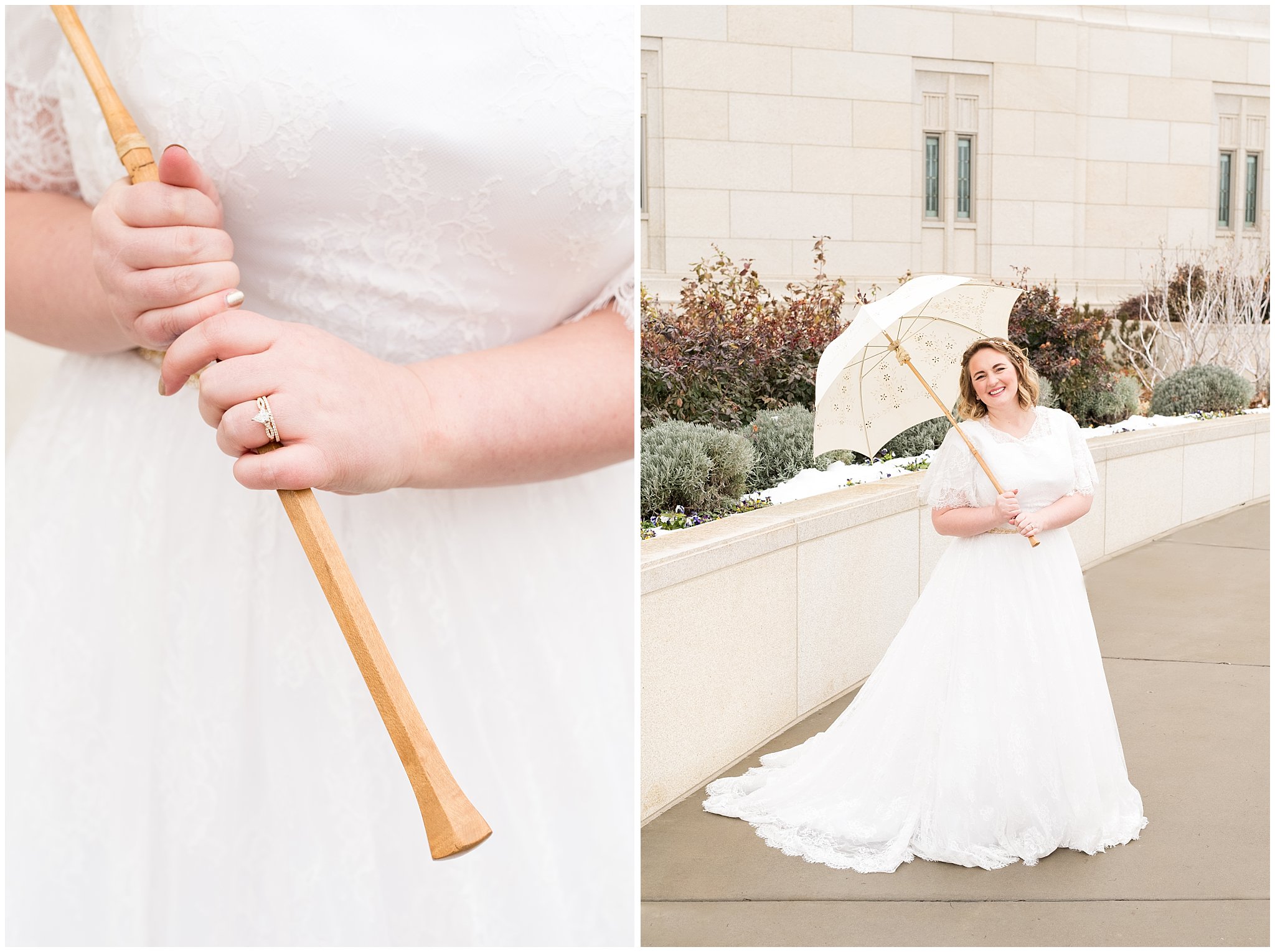 Bride holding 1910 vintage parasol | Ogden Temple Winter Wedding | Emerald Green and Pink Wedding | Jessie and Dallin Photography