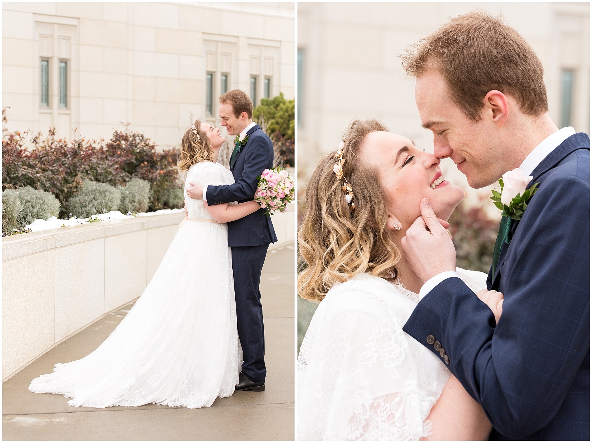 Bride and groom embrace in front of temple | Ogden Temple Winter Wedding | Emerald Green and Pink Wedding | Jessie and Dallin Photography