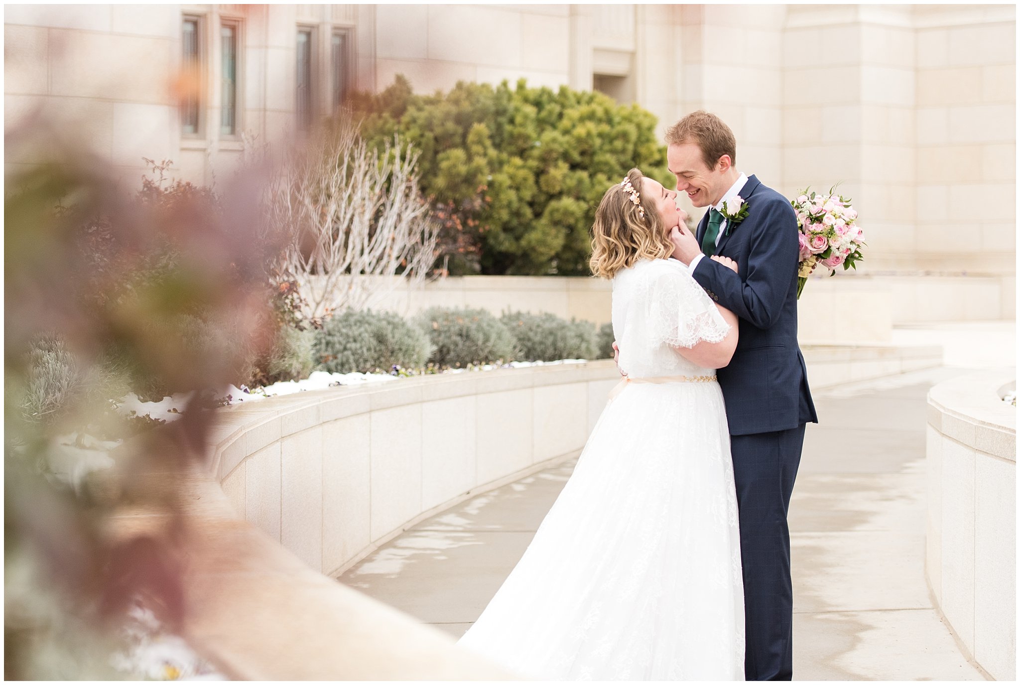 Bride and groom almost kiss at the temple | Ogden Temple Winter Wedding | Emerald Green and Pink Wedding | Jessie and Dallin Photography