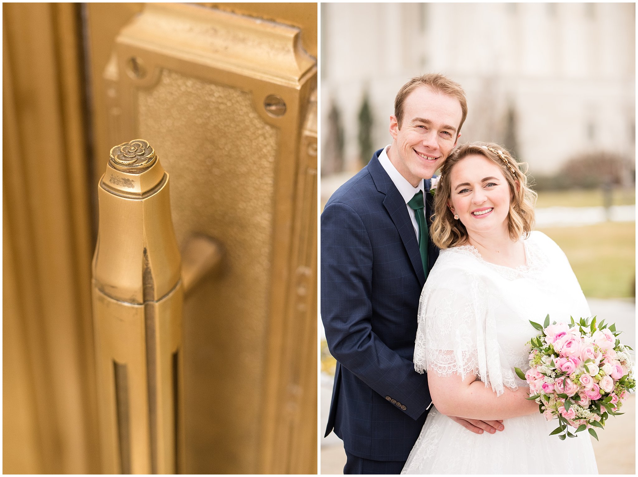 Temple door detail and bride and groom | Ogden Temple Winter Wedding | Emerald Green and Pink Wedding | Jessie and Dallin Photography