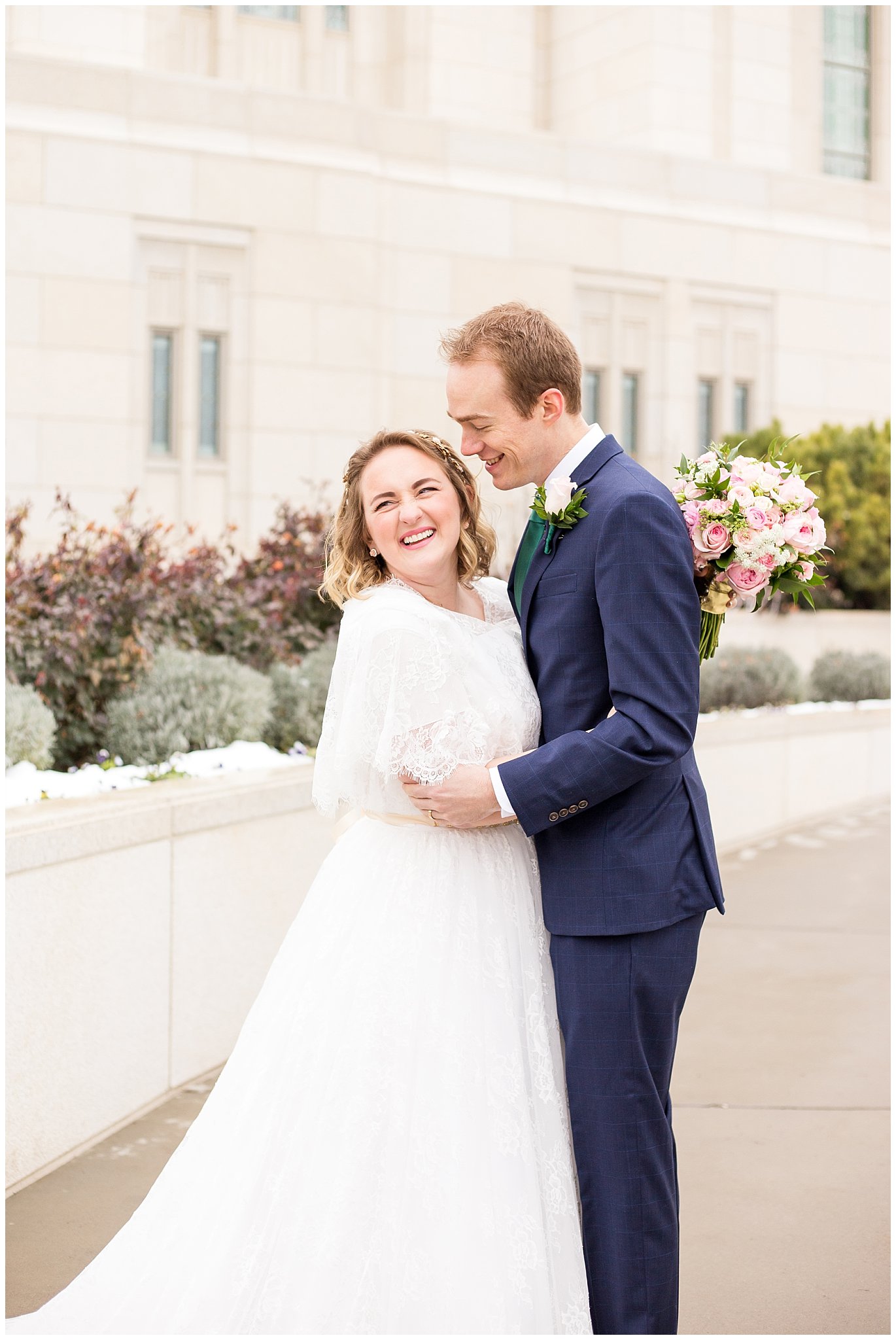Bride and groom laughing candidly | Ogden Temple Winter Wedding | Emerald Green and Pink Wedding | Jessie and Dallin Photography