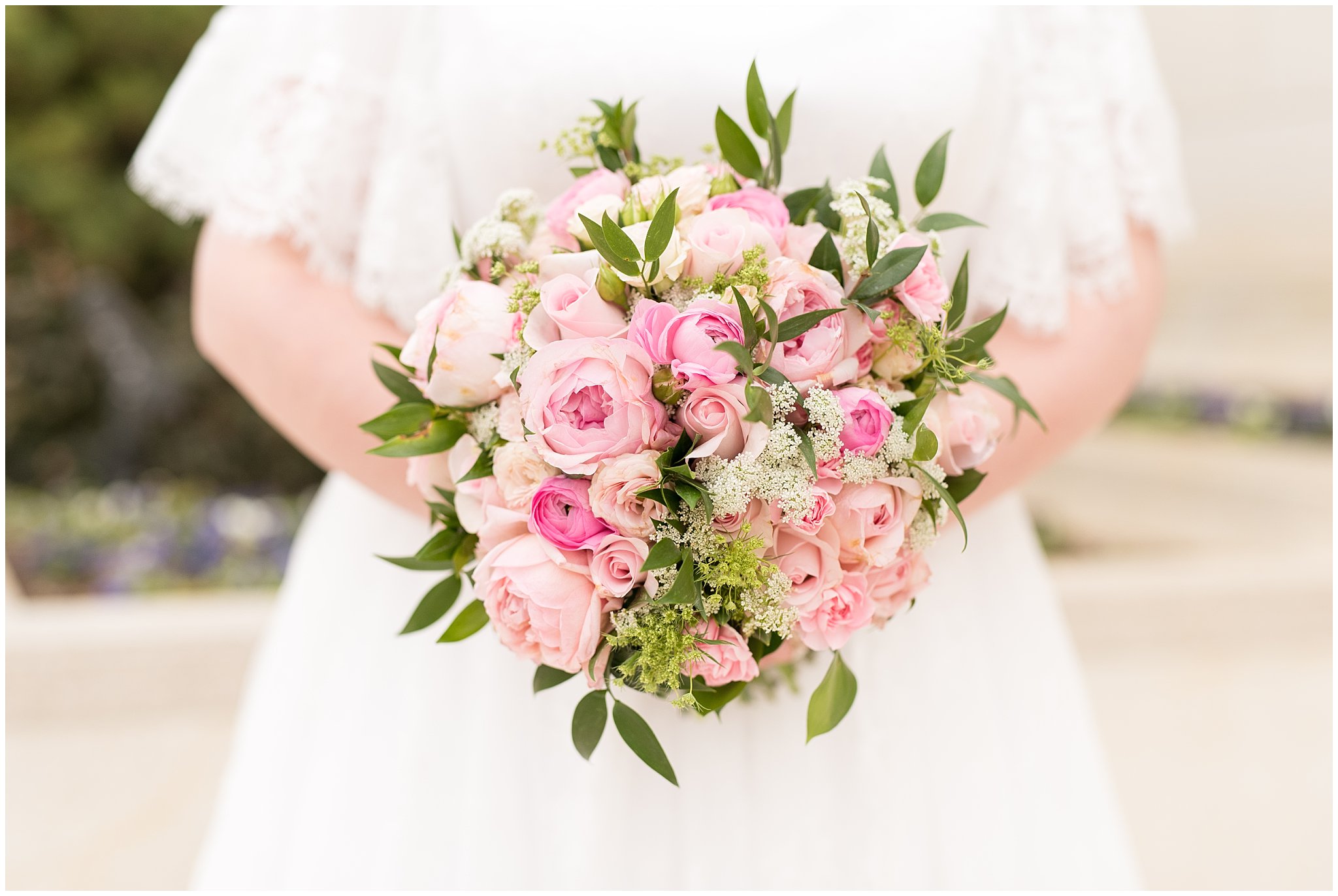 Close up of green and pink wedding bouquet | Ogden Temple Winter Wedding | Emerald Green and Pink Wedding | Jessie and Dallin Photography