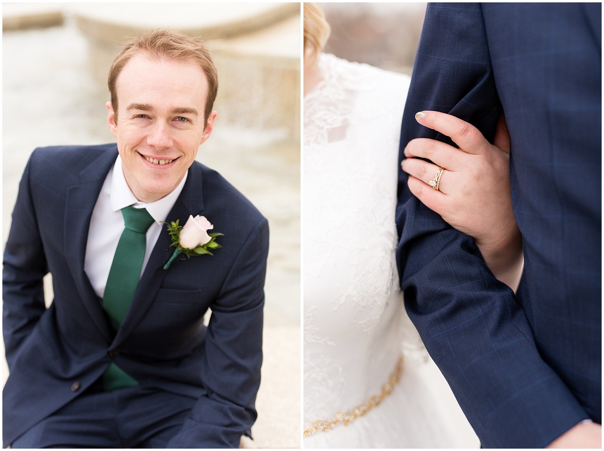 Groom portrait at the temple and bride and groom linking arms | Ogden Temple Winter Wedding | Emerald Green and Pink Wedding | Jessie and Dallin Photography