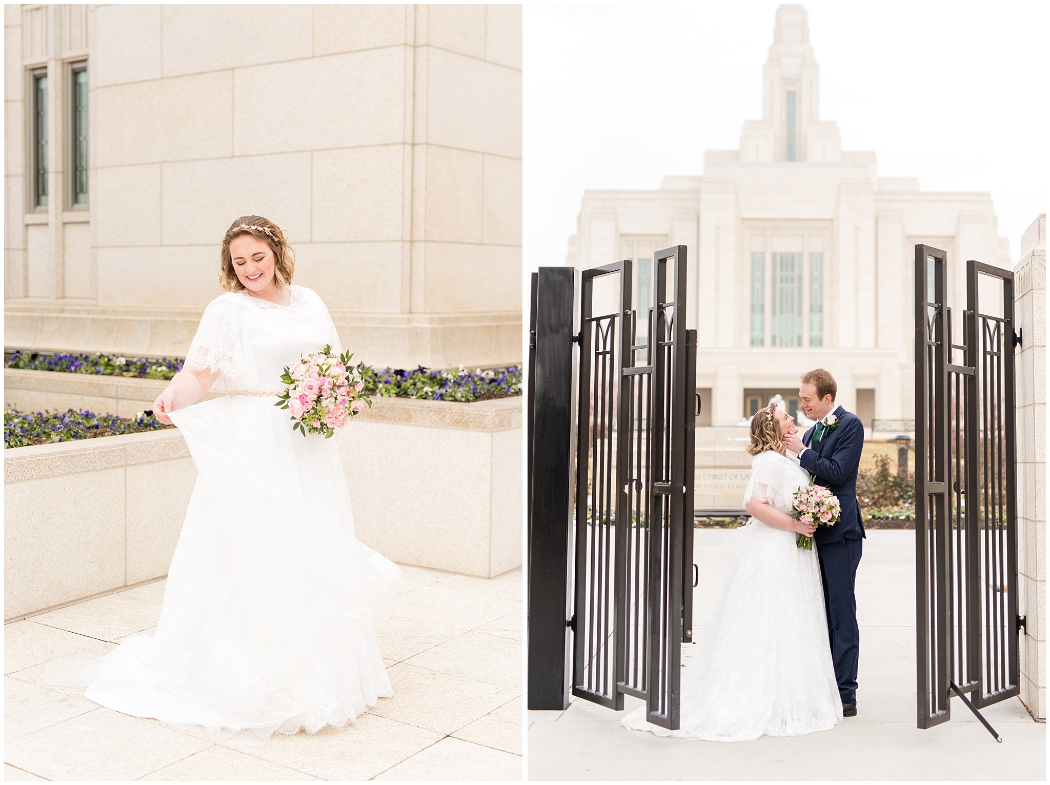 Bride swishing dress and at the temple gate | Ogden Temple Winter Wedding | Emerald Green and Pink Wedding | Jessie and Dallin Photography