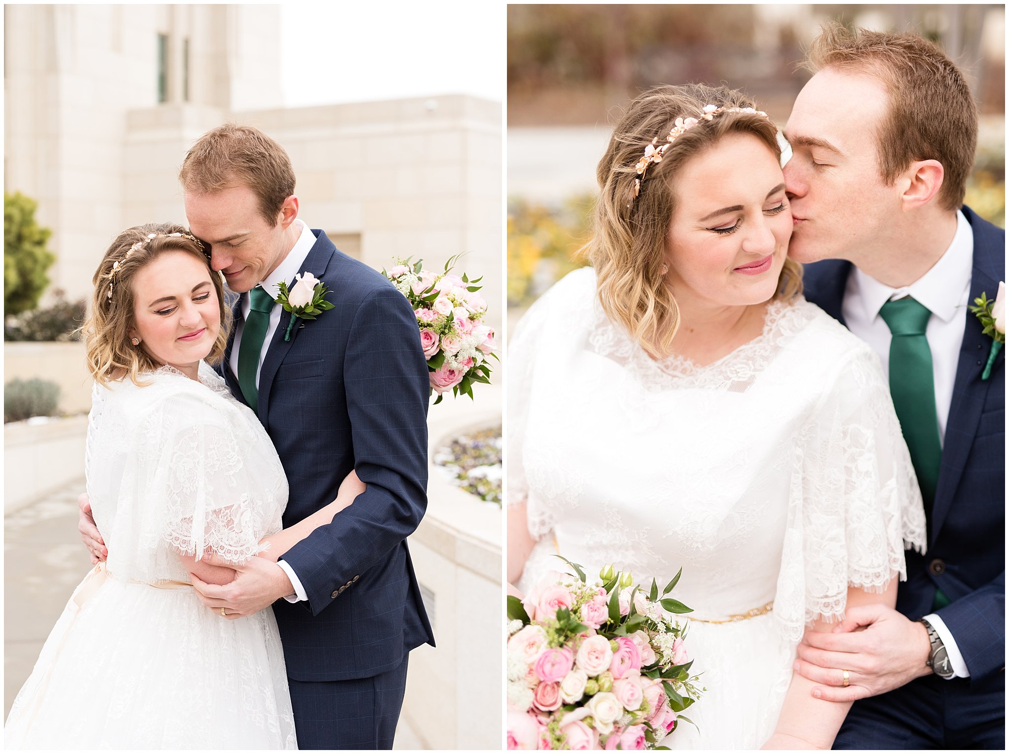 Groom kisses bride on forehead | Ogden Temple Winter Wedding | Emerald Green and Pink Wedding | Jessie and Dallin Photography
