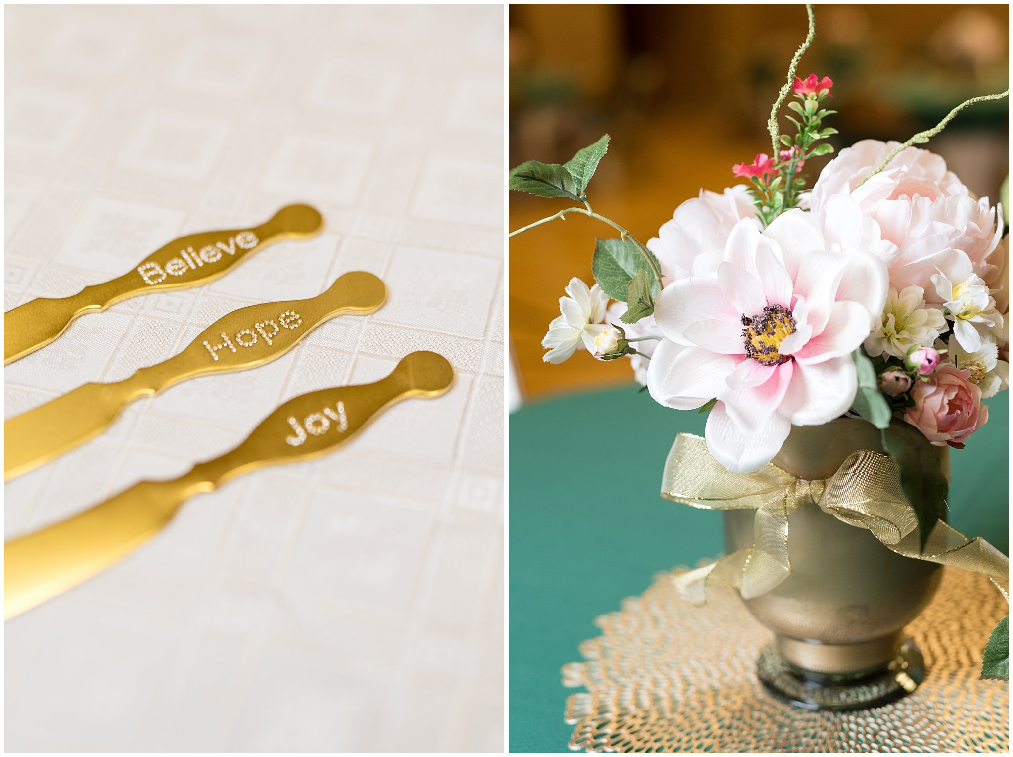 Silk floral centerpiece and cheese spread knives | Ogden Temple Winter Wedding | Emerald Green and Pink Wedding | Jessie and Dallin Photography