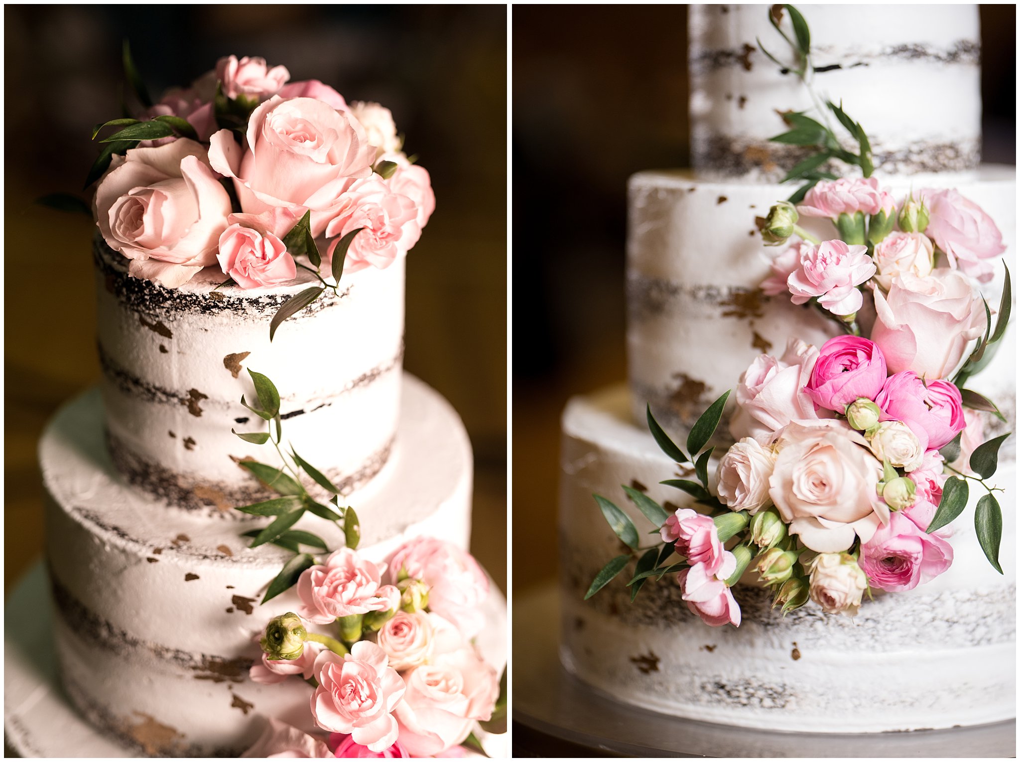 Gold flaked cookies and cream wedding cake with pink florals | Ogden Temple Winter Wedding | Emerald Green and Pink Wedding | Jessie and Dallin Photography