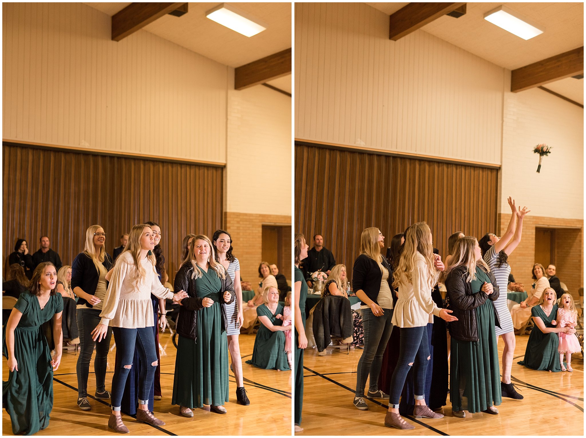 Bridesmaids wait to catch bouquet toss | Ogden Temple Winter Wedding | Emerald Green and Pink Wedding | Jessie and Dallin Photography