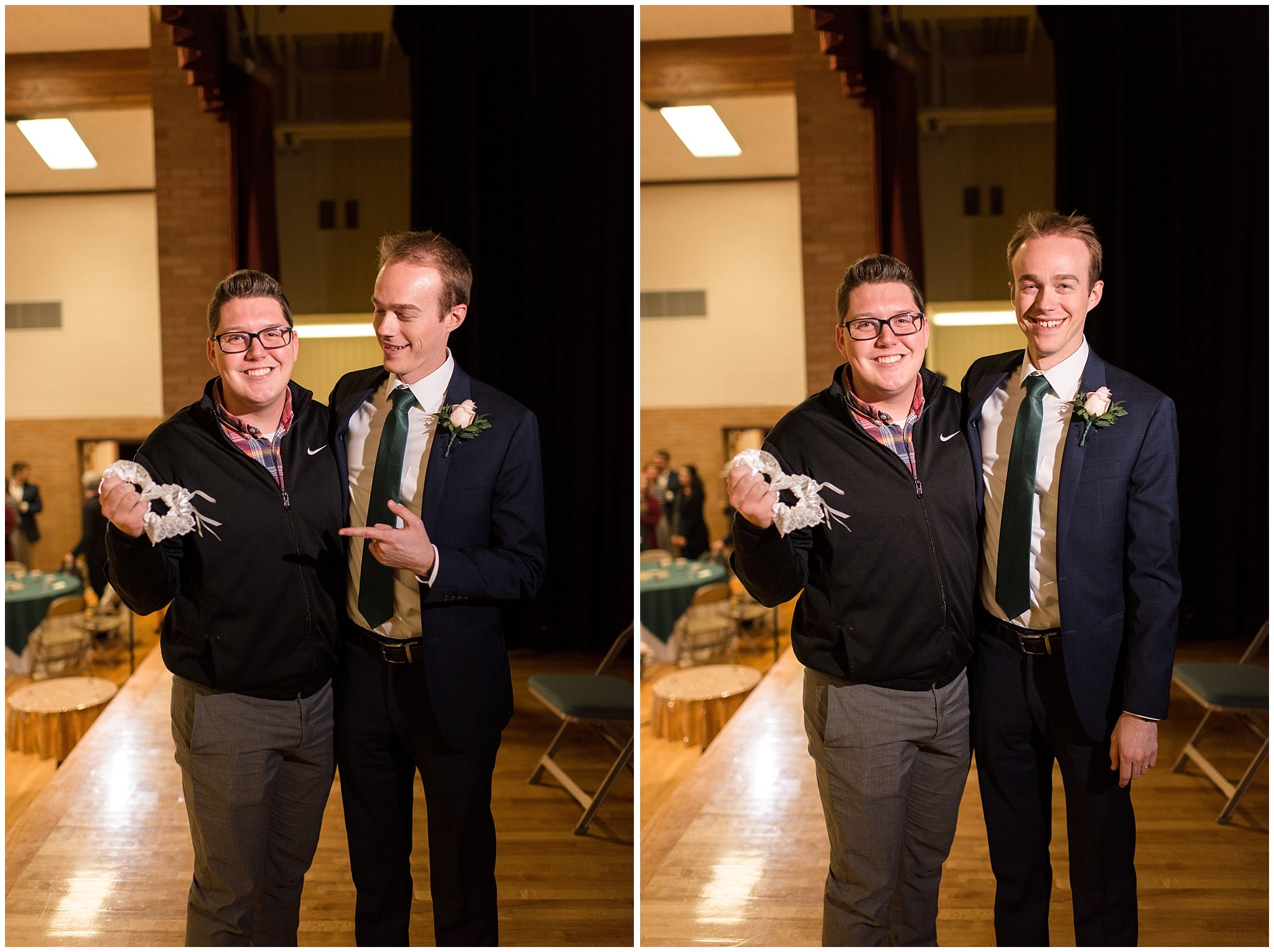 Groom and garter toss winter | Ogden Temple Winter Wedding | Emerald Green and Pink Wedding | Jessie and Dallin Photography