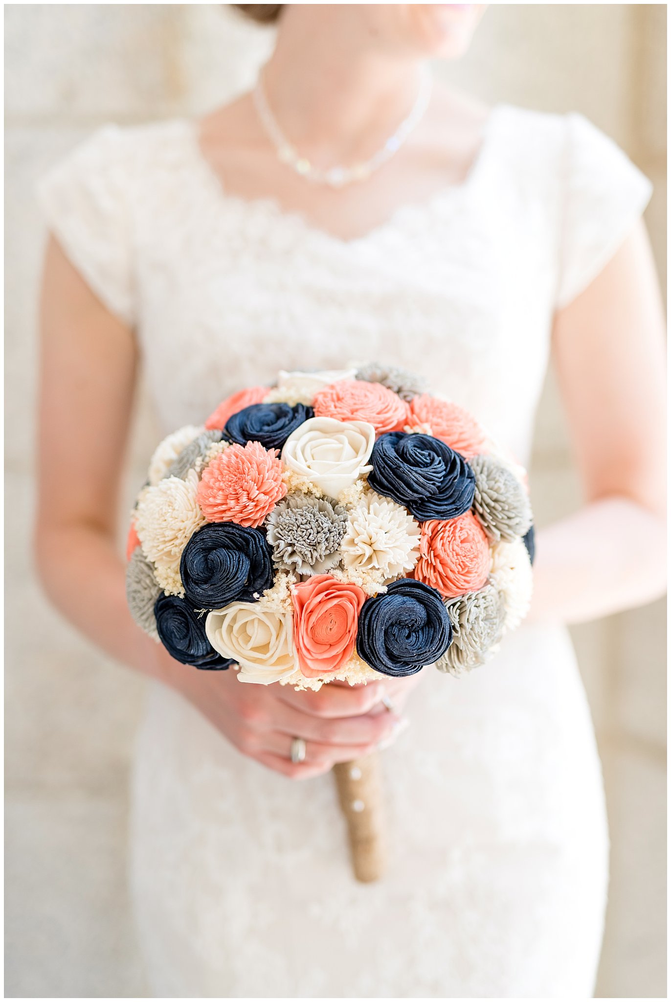 Salt Lake City Temple Wedding | Detail of bride's wooden bouquet | Jessie and Dallin Photography