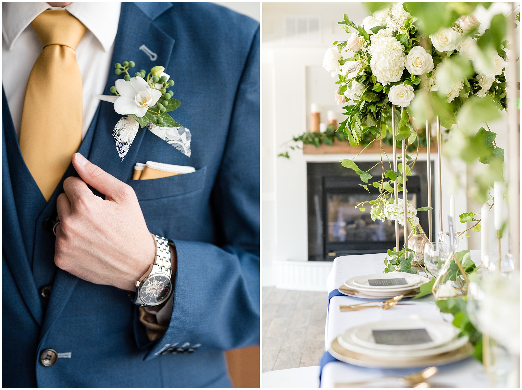 Talia Event Center Wedding | Table Setup and groom suit detail | Jessie and Dallin Photography