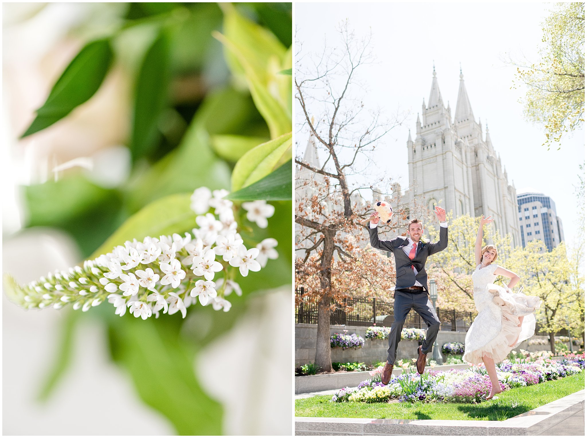 Salt Lake Temple Wedding | Couple jumping in front of the temple | Jessie and Dallin Photography