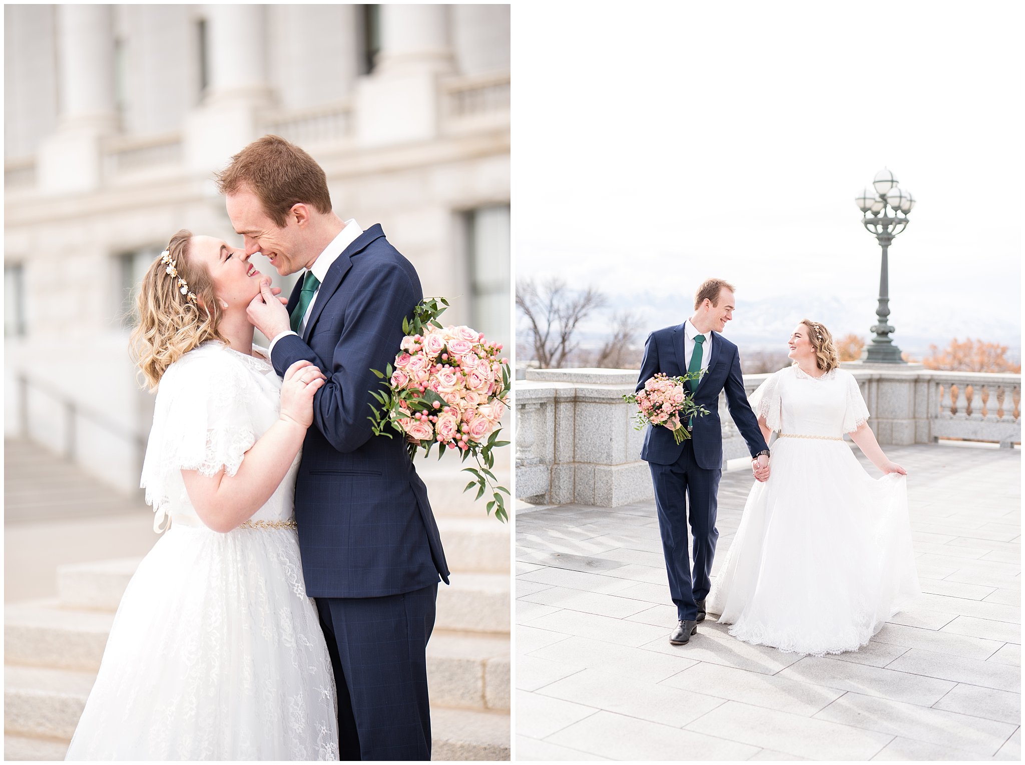 Utah State Capitol Building Wedding | Salt Lake City Wedding | Bride and groom walking and kissing | Jessie and Dallin Photography