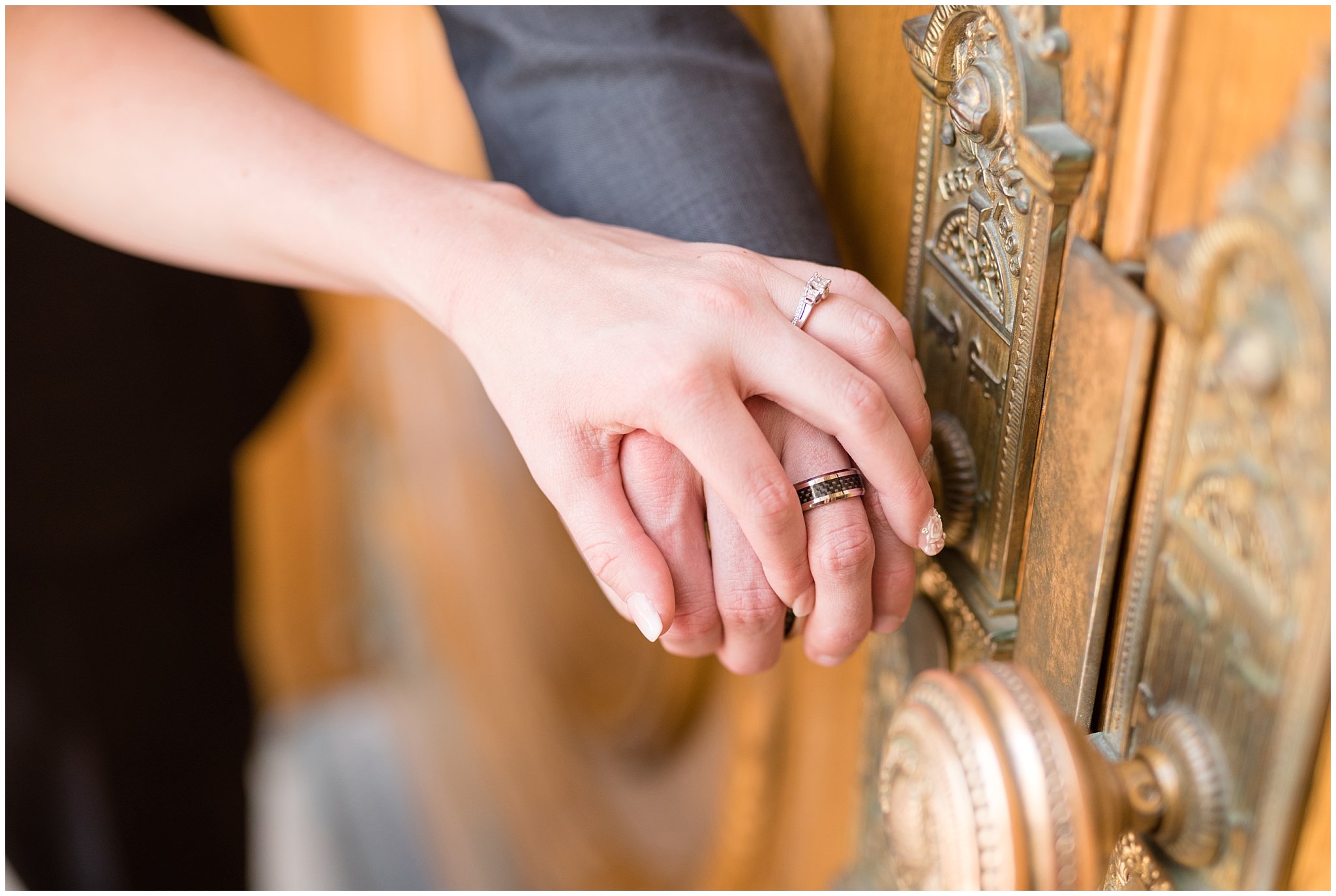 Salt Lake Temple Wedding | Bride and groom hands on the doorknob | Jessie and Dallin Photography