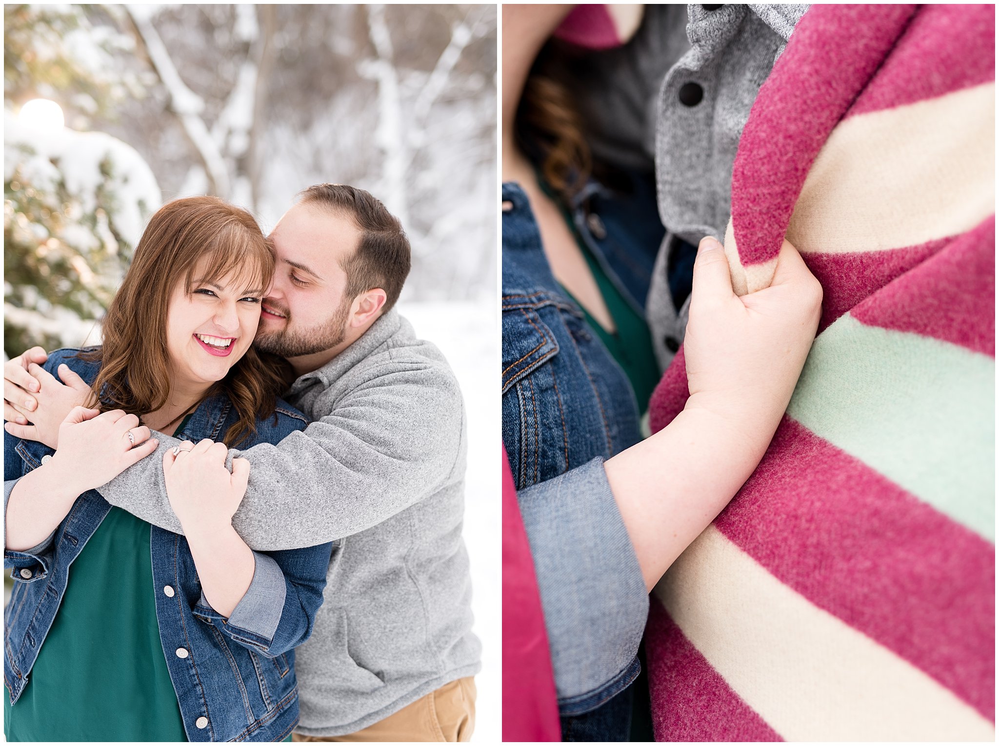 Girl grabbing blanket to wrap up and couple laughing in the forest | Winter Engagement at Mueller Park and the Utah State Capitol | Jessie and Dallin Photography