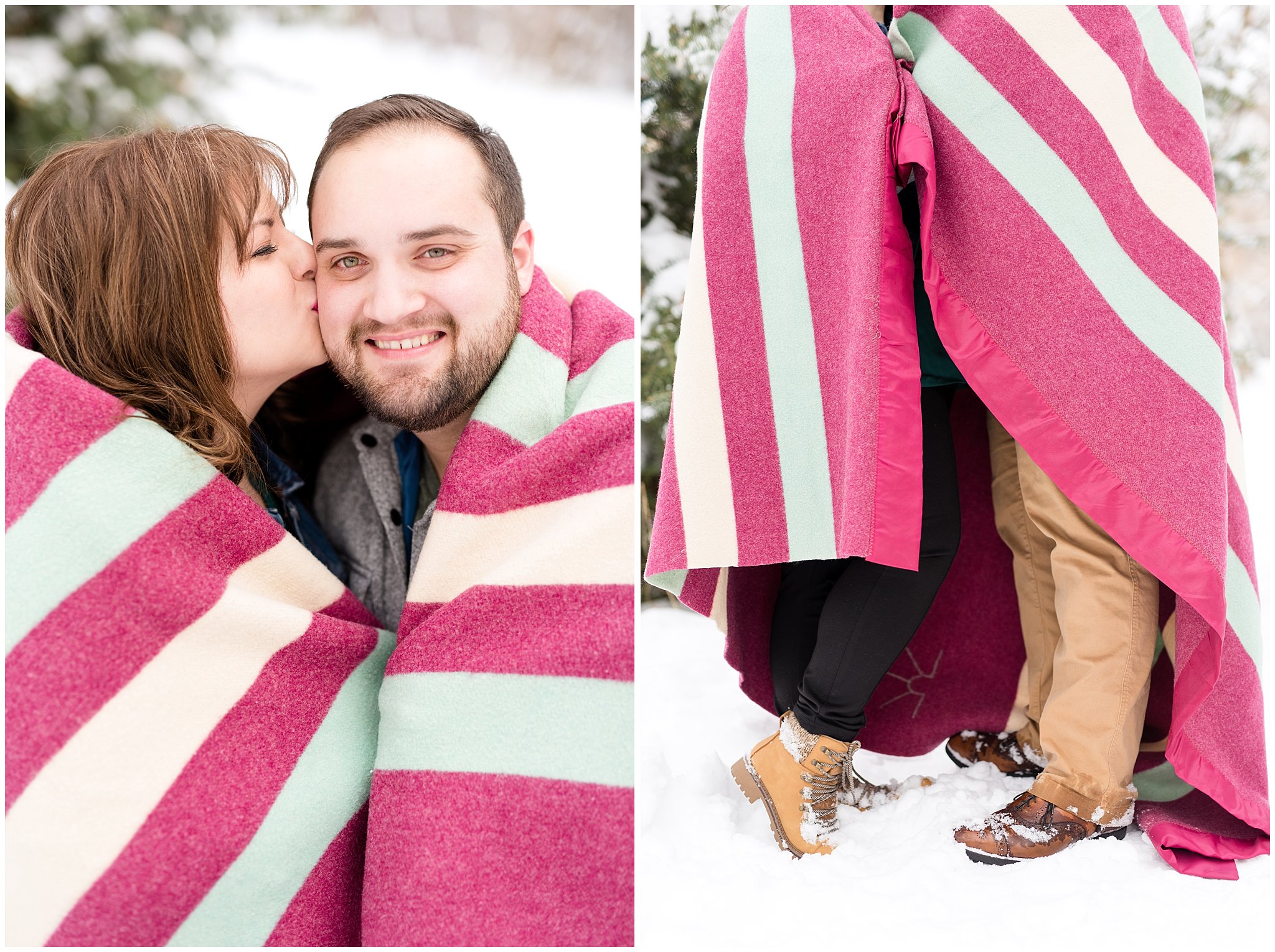 Girl kisses guy on the cheek wrapped in warm blanket | Winter Engagement at Mueller Park and the Utah State Capitol | Jessie and Dallin Photography