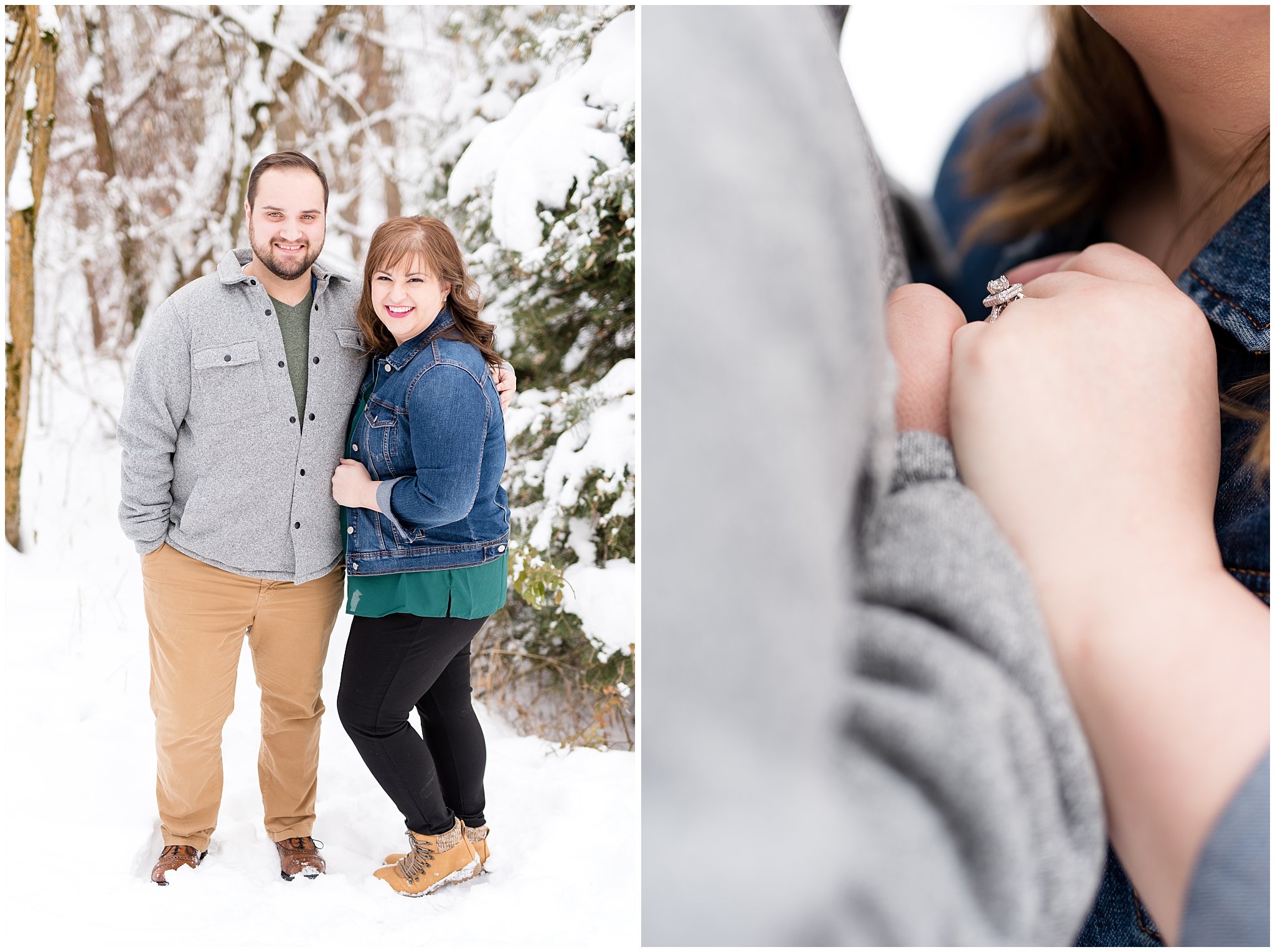 Couple smiling at the camera and detail shot of engagement ring | Winter Engagement at Mueller Park and the Utah State Capitol | Jessie and Dallin Photography