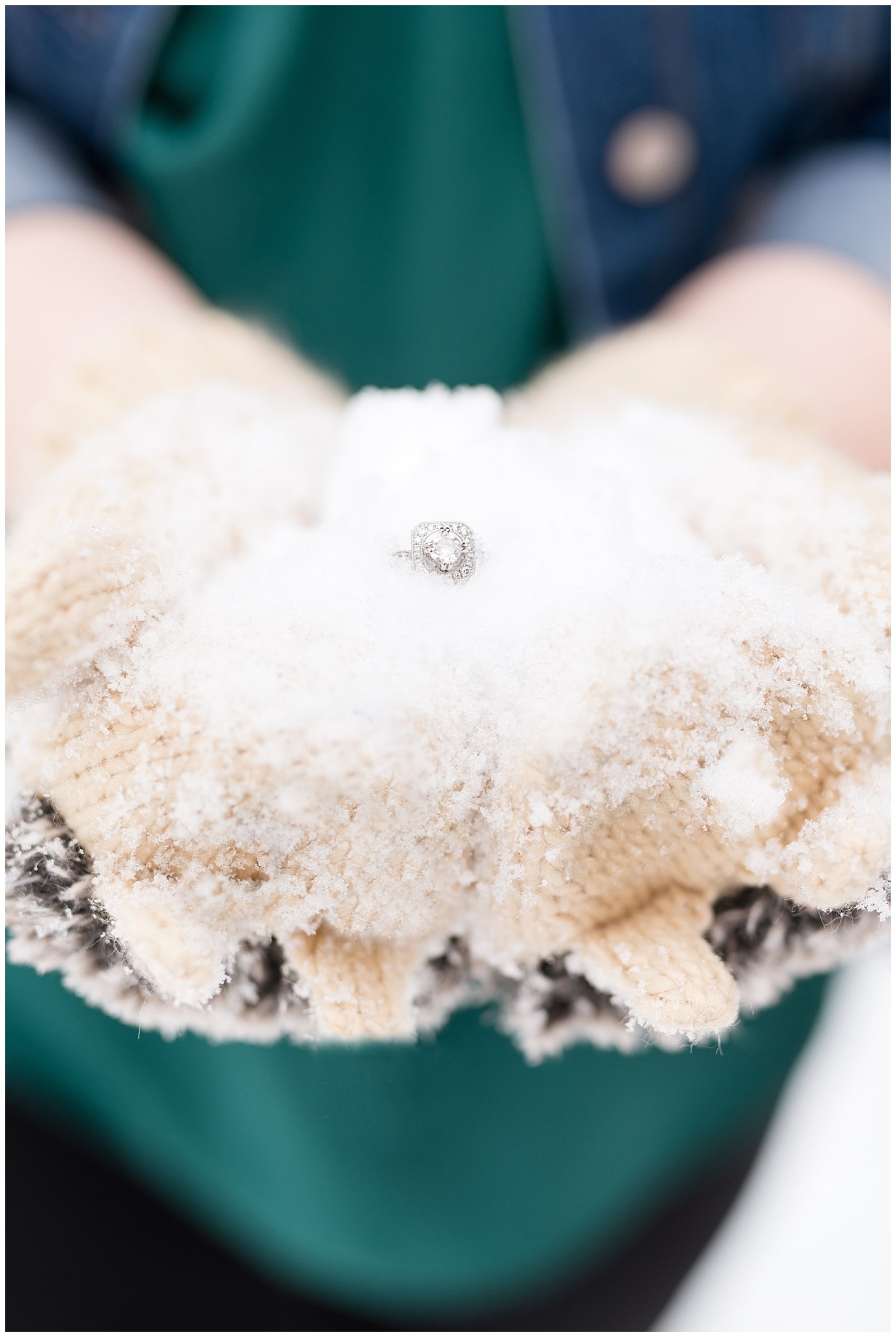 Engagement ring in snow and winter gloves | Winter Engagement at Mueller Park and the Utah State Capitol | Jessie and Dallin Photography