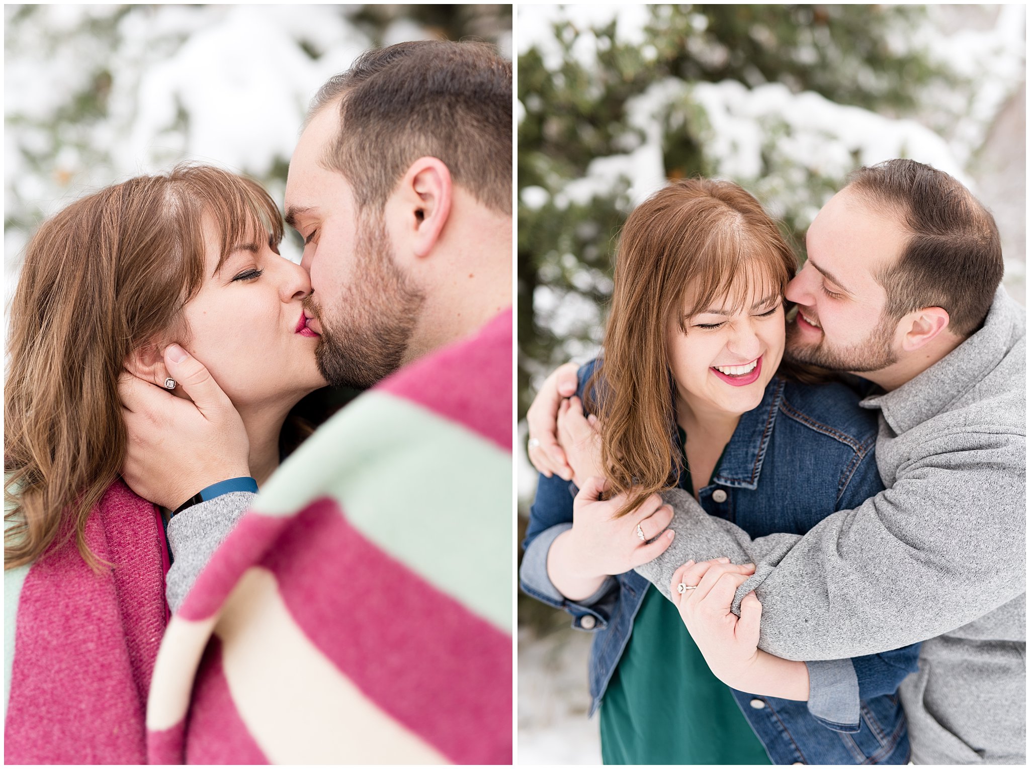 Couple snuggling and kissing wrapped in a blanket | Winter Engagement at Mueller Park and the Utah State Capitol | Jessie and Dallin Photography