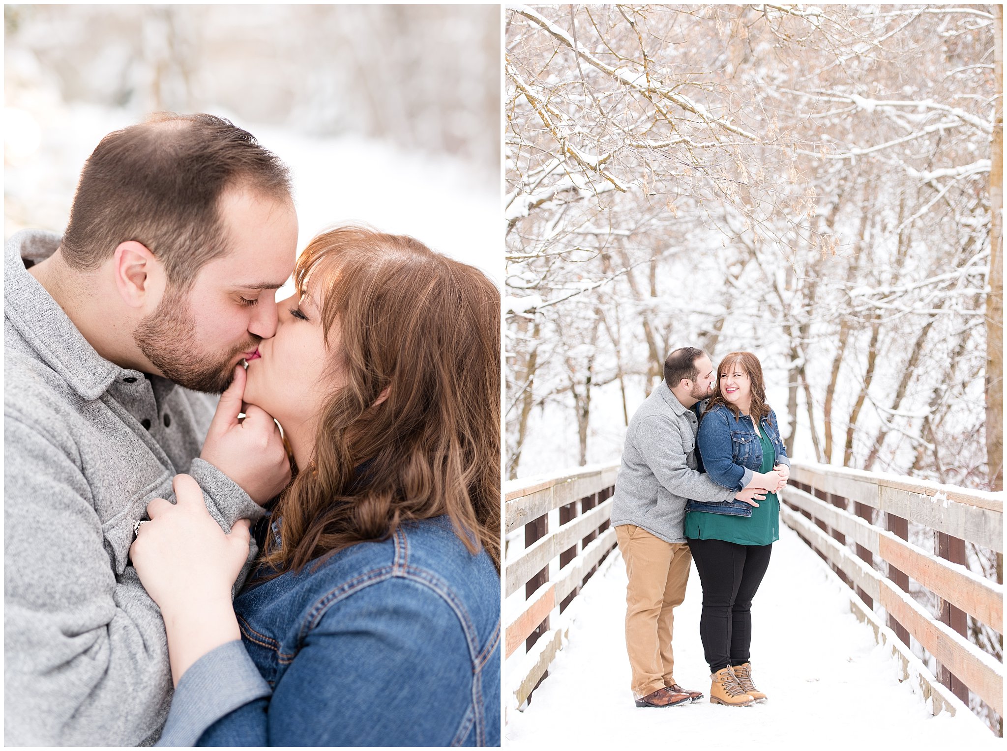 Couple snuggling on a bridge in the winter | Winter Engagement at Mueller Park and the Utah State Capitol | Jessie and Dallin Photography