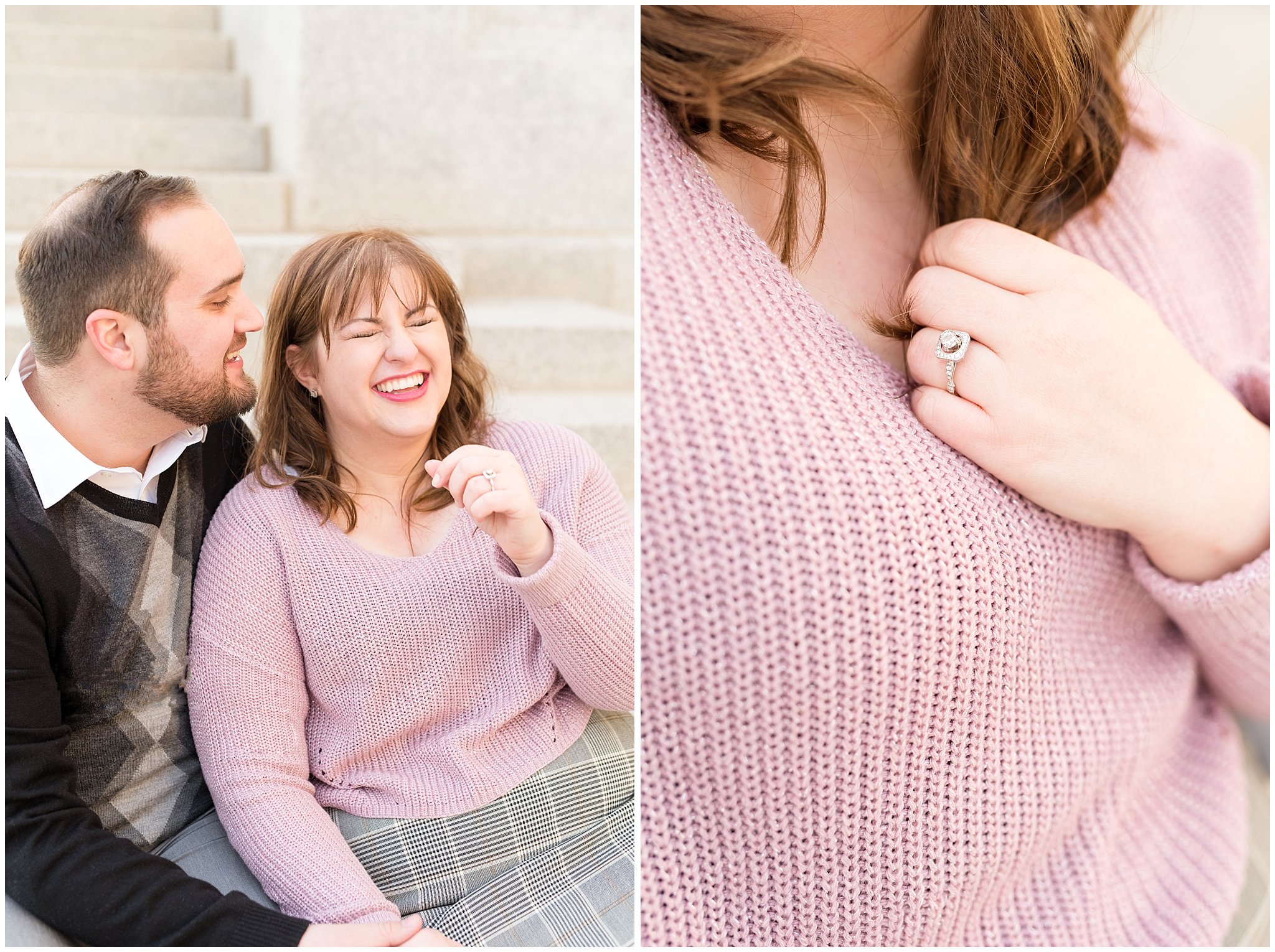 Couple laughing and detail of engagement ring | Winter Engagement at Mueller Park and the Utah State Capitol | Jessie and Dallin Photography