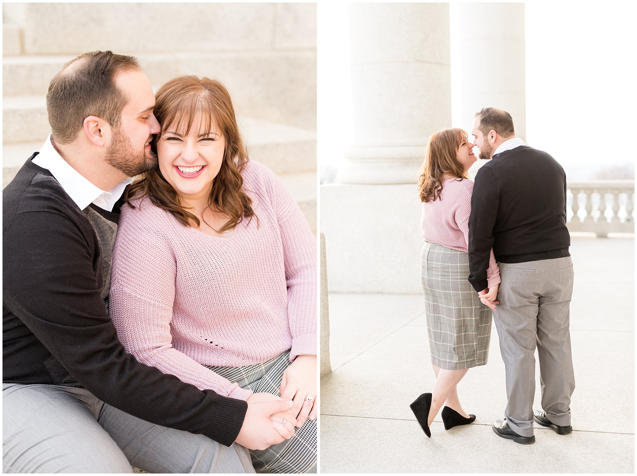 Couple laughing at each other by pillars and on the steps | Winter Engagement at Mueller Park and the Utah State Capitol | Jessie and Dallin Photography