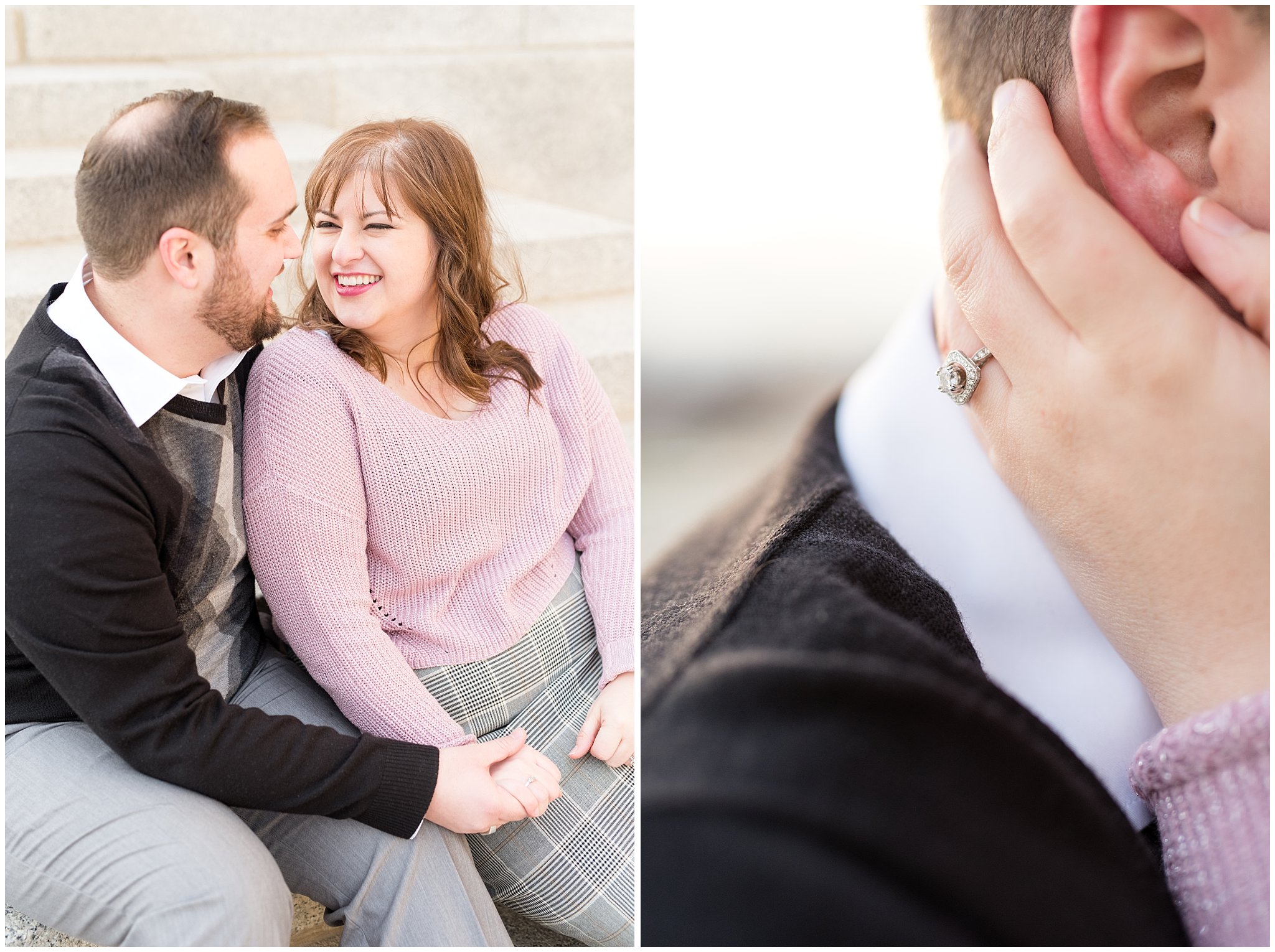 Couple laughing at each other on the steps of the Utah State Capitol | Winter Engagement at Mueller Park and the Utah State Capitol | Jessie and Dallin Photography