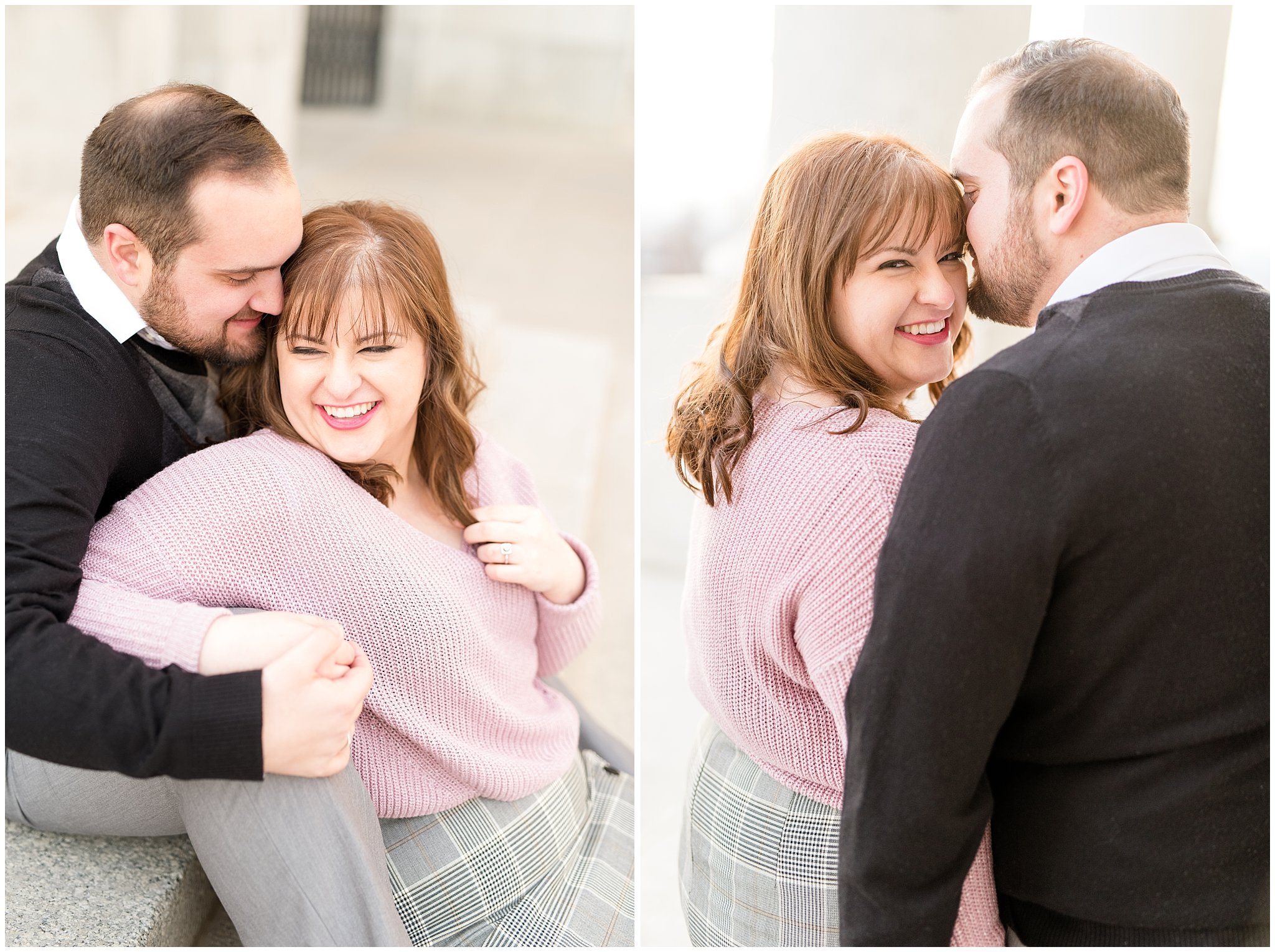 Couple giggling and laughing at the Utah State Capitol | Winter Engagement at Mueller Park and the Utah State Capitol | Jessie and Dallin Photography