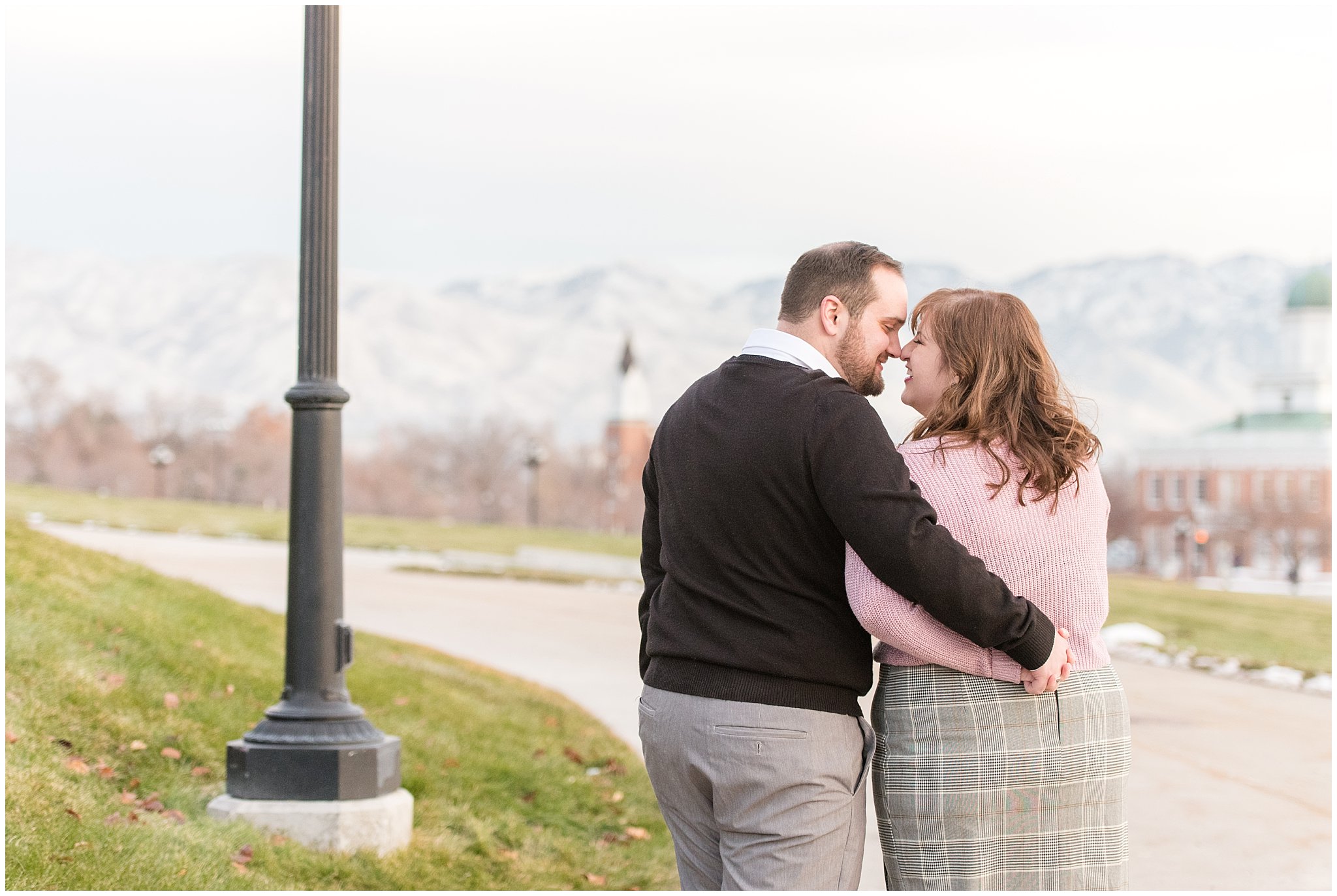 Couple walking on a path at the Utah State Capitol | Winter Engagement at Mueller Park and the Utah State Capitol | Jessie and Dallin Photography