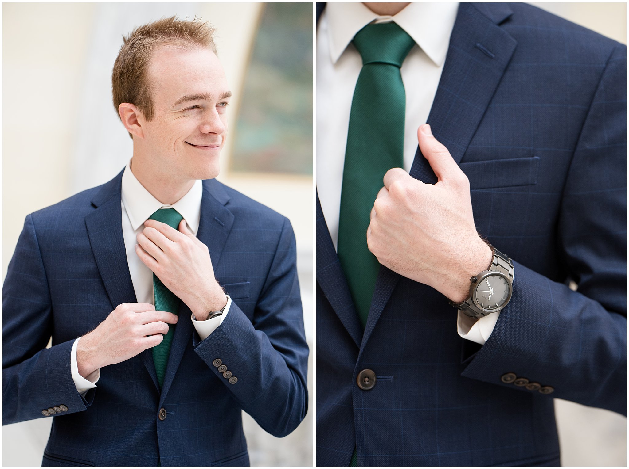 Groom tightening green tie | Winter Formals at the Utah State Capitol | Utah Wedding Photography