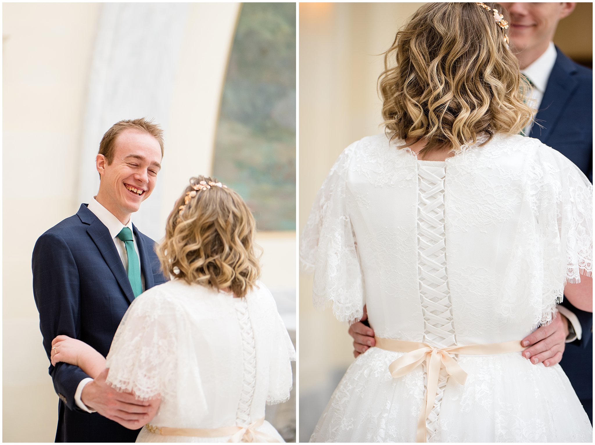 Bride and groom first look inside capitol building | Winter Formals at the Utah State Capitol | Utah Wedding Photography