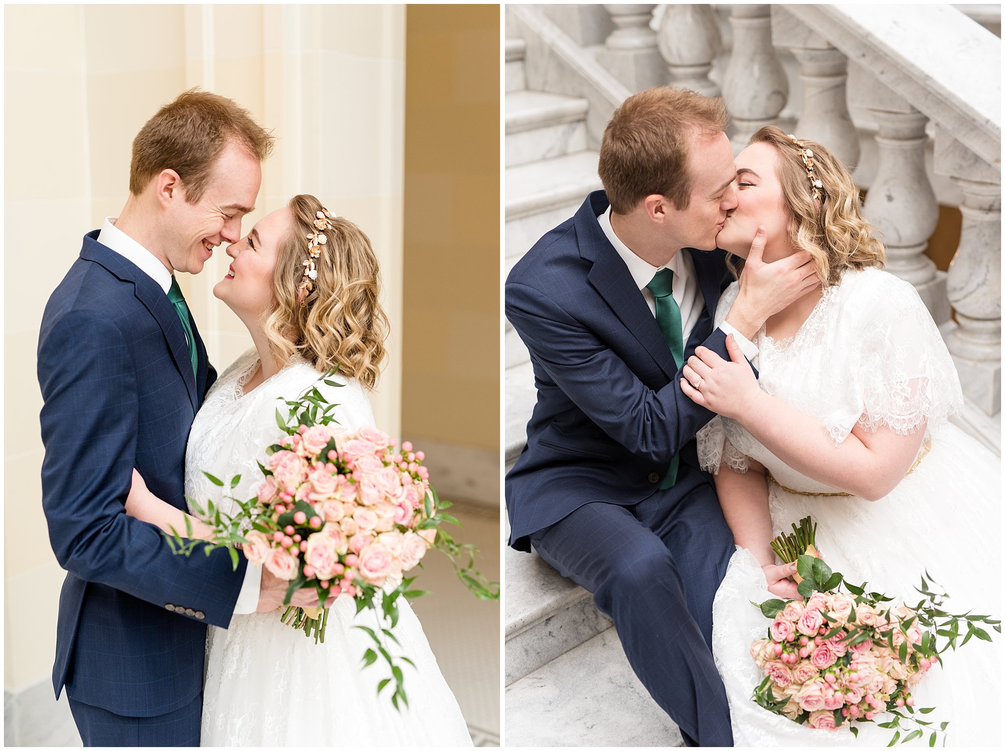 Bride and groom on steps of grand staircase | Winter Formals at the Utah State Capitol | Utah Wedding Photography