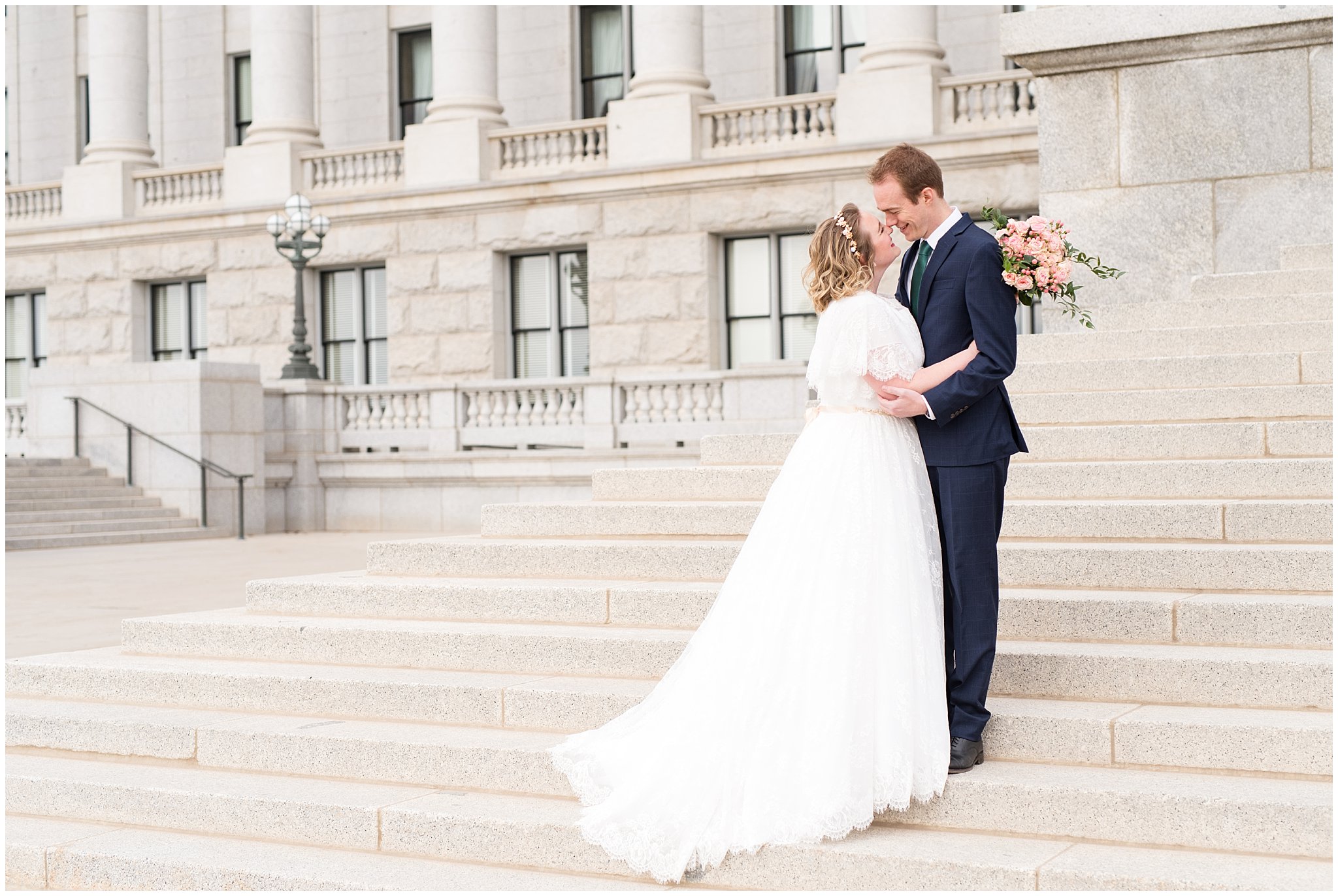 Bride and groom kiss on capitol steps | Winter Formals at the Utah State Capitol | Utah Wedding Photography
