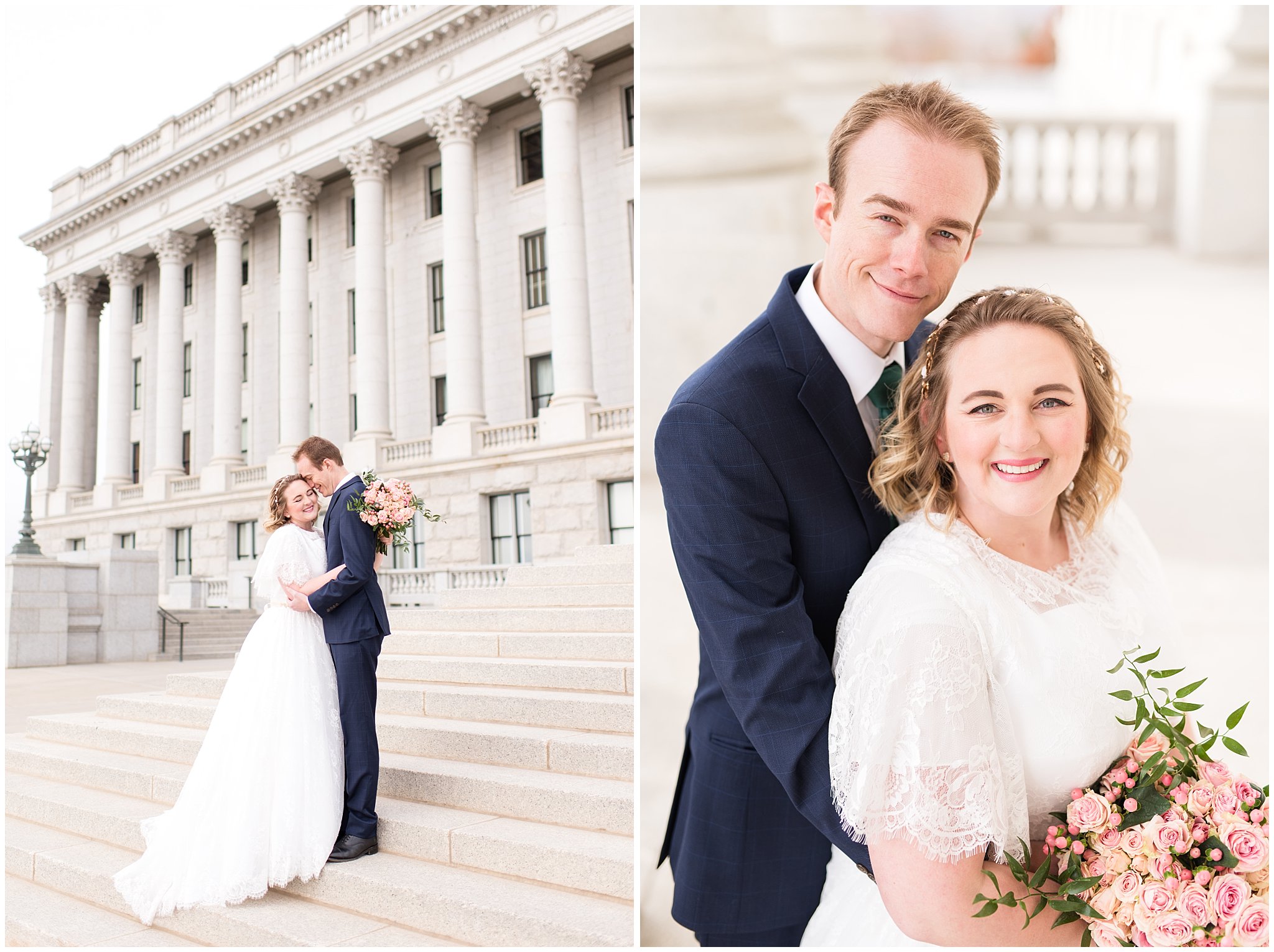 Bride and groom on capitol building steps | Winter Formals at the Utah State Capitol | Utah Wedding Photography