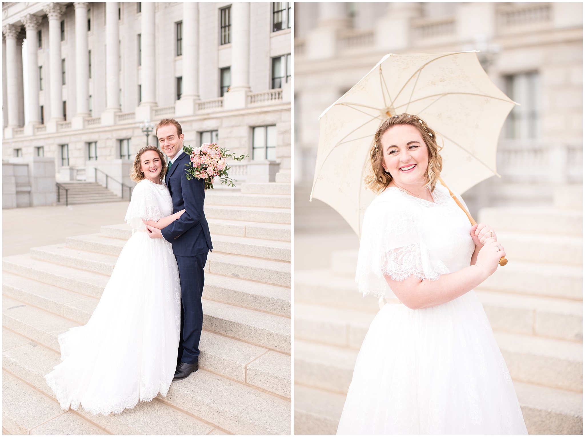 Bride and groom stand on steps and smile | Winter Formals at the Utah State Capitol | Utah Wedding Photography