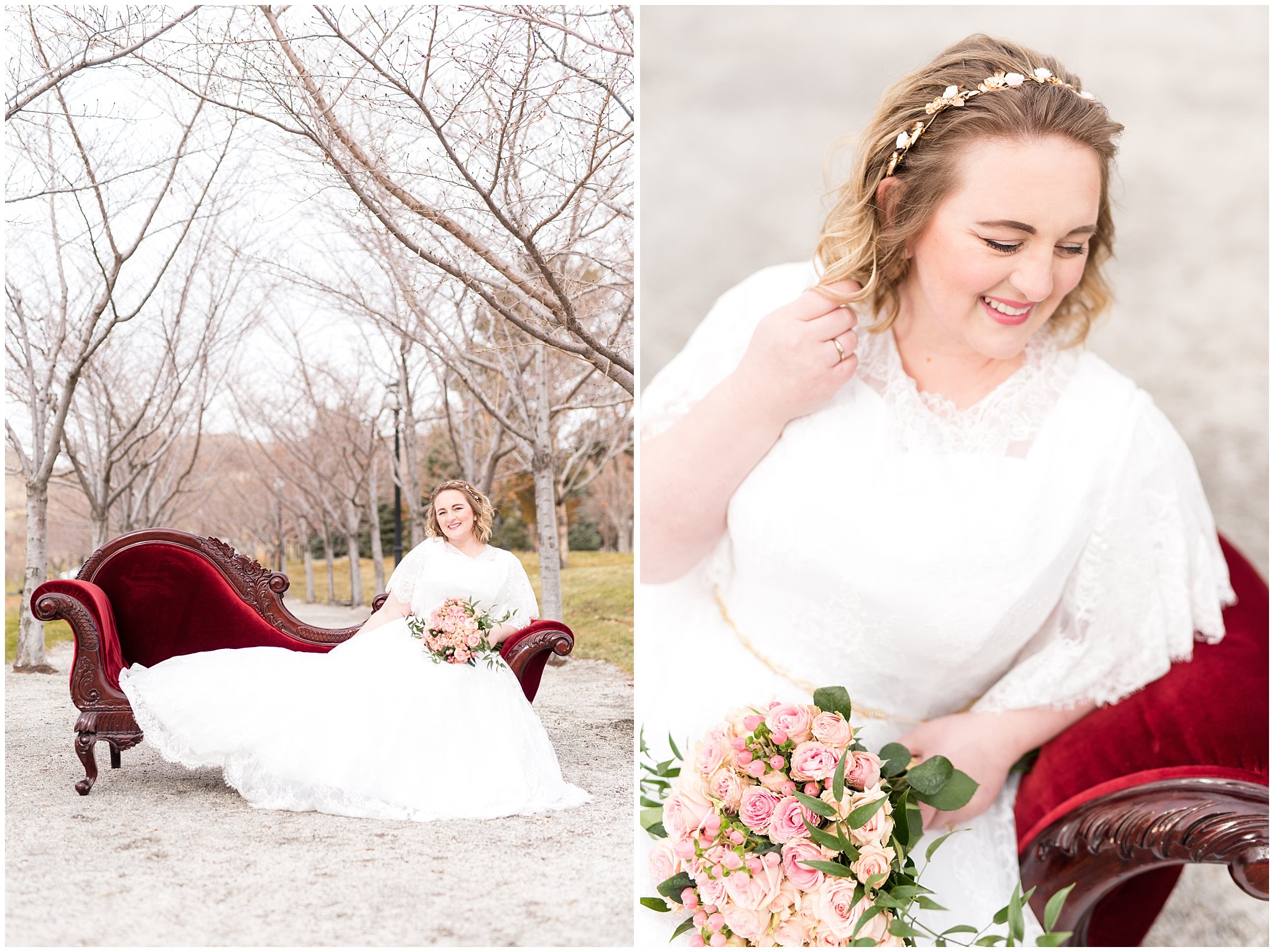 Bride sits on red vintage couch | Winter Formals at the Utah State Capitol | Utah Wedding Photography
