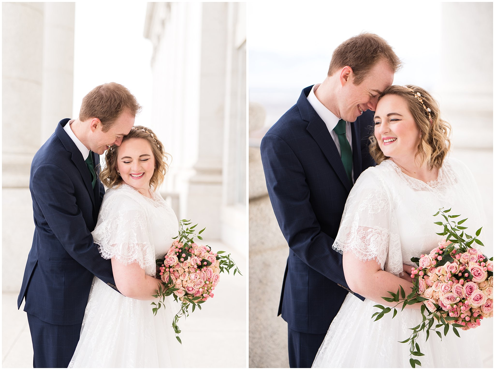 Bride and groom cuddled close next to capitol columns | Winter Formals at the Utah State Capitol | Utah Wedding Photography