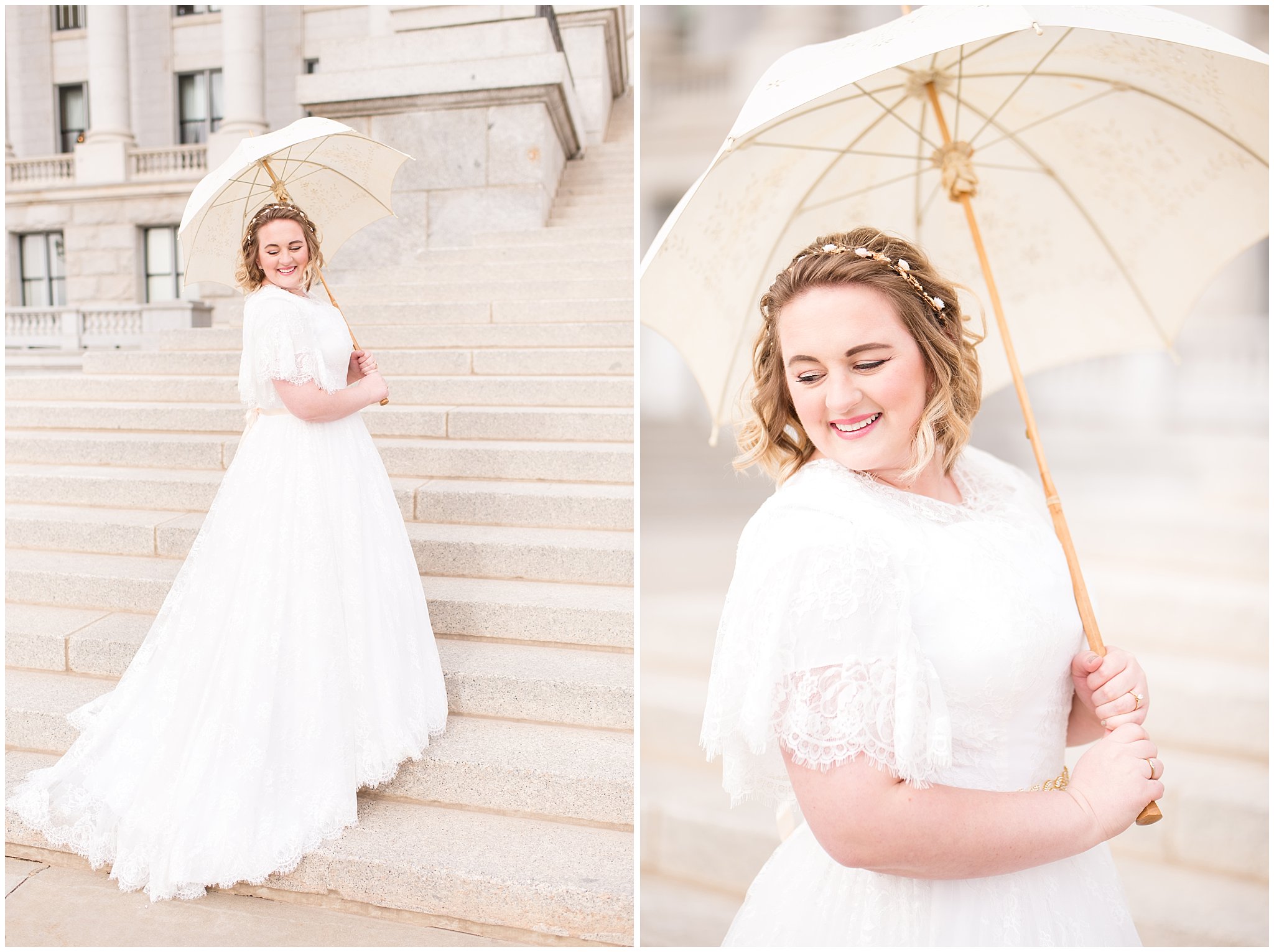 Bride holds family heirloom vintage parasol on steps of capitol building | Winter Formals at the Utah State Capitol | Utah Wedding Photography