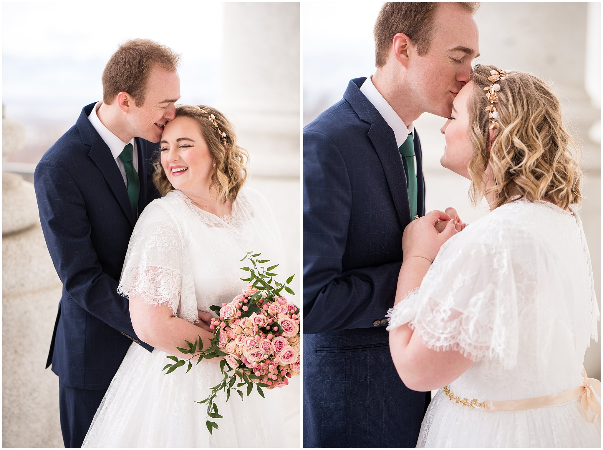 Groom kisses bride on forehead next to capitol columns | Winter Formals at the Utah State Capitol | Utah Wedding Photography