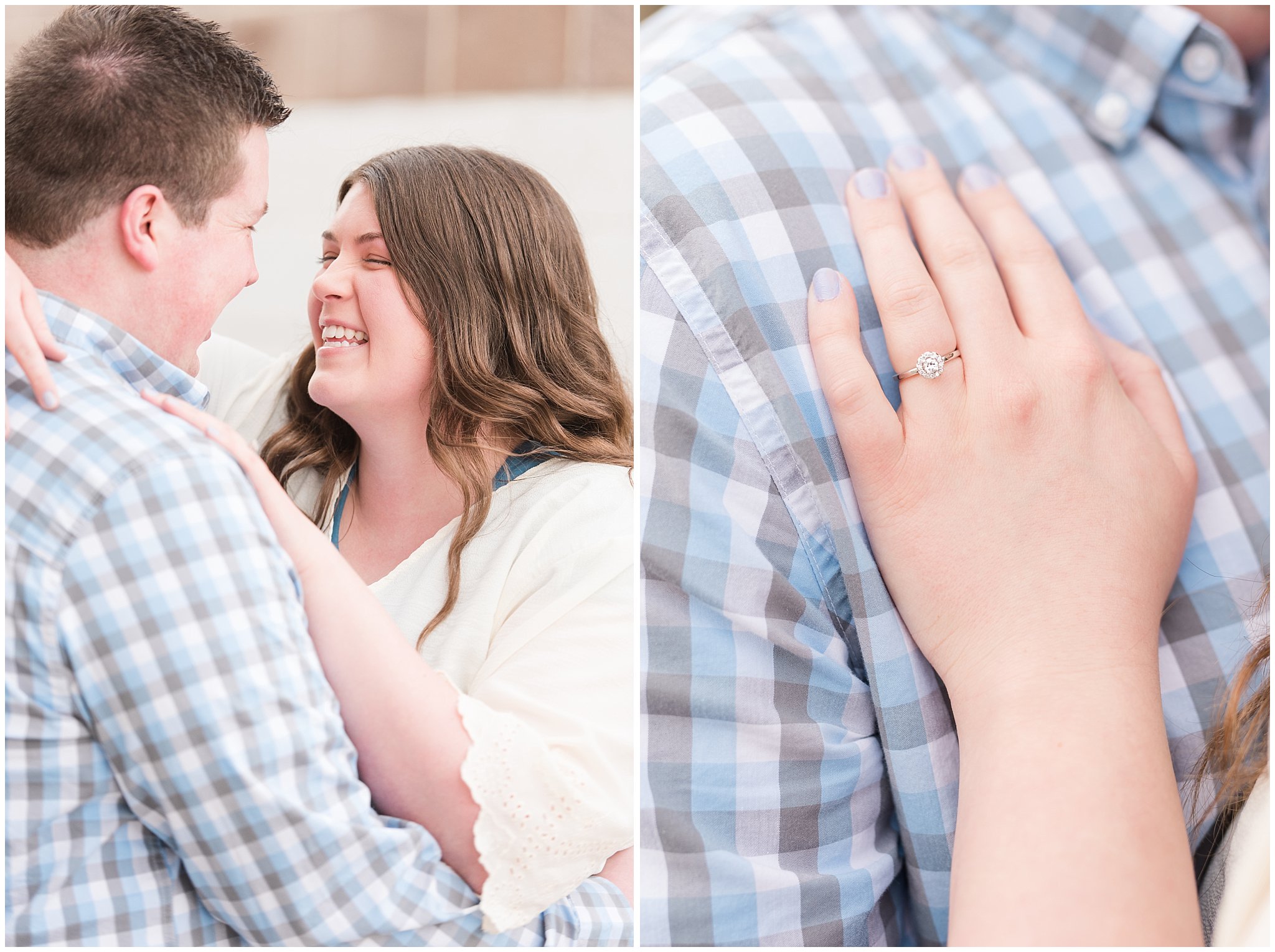 Couple dressed in light blue and white urban engagements | Downtown Logan and Green Canyon Engagements | Utah Wedding Photographers | Jessie and Dallin Photography