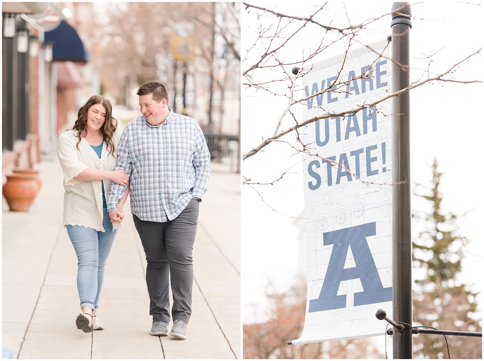 Couple walking dressed in light blue and white urban engagements | Downtown Logan and Green Canyon Engagements | Utah Wedding Photographers | Jessie and Dallin Photography