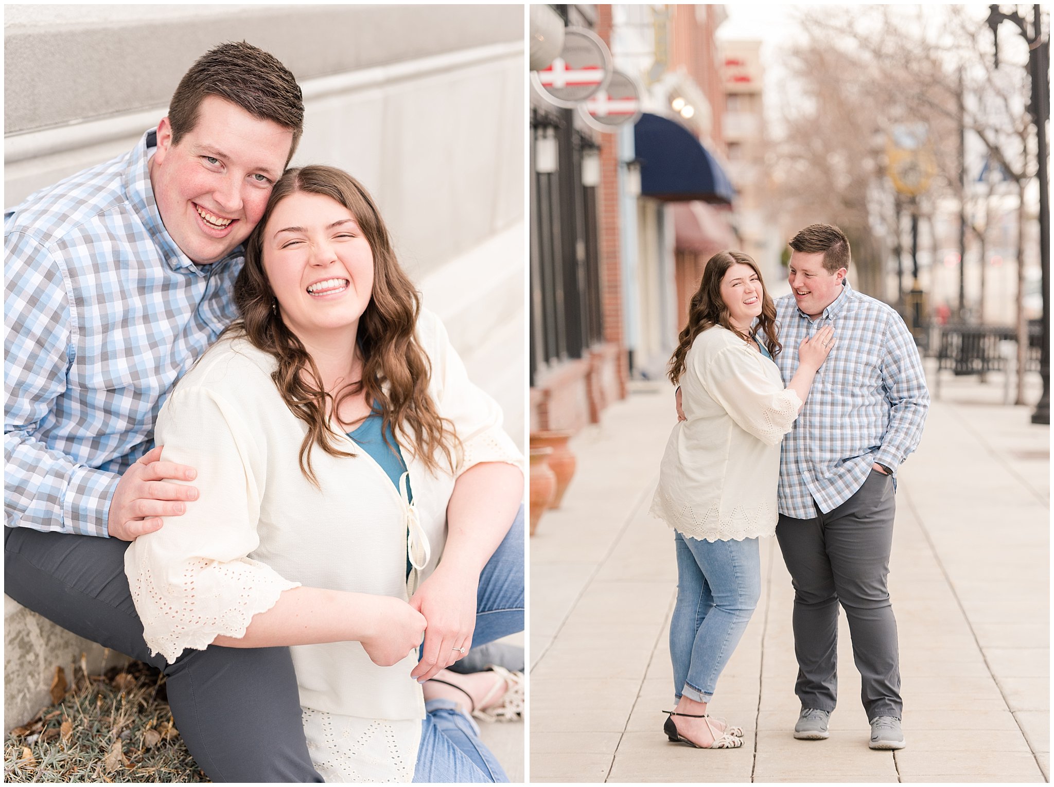 Couple laughing dressed in light blue and white urban engagements | Downtown Logan and Green Canyon Engagements | Utah Wedding Photographers | Jessie and Dallin Photography